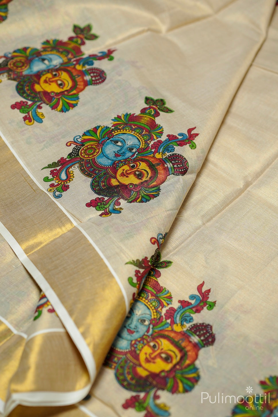 Kerala Golden Tissue Mural Print Set Saree.