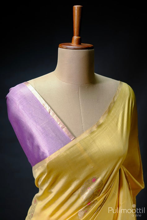 Flax Golden Yellow Colour Pure Chiniya Banarasi Silk Saree.