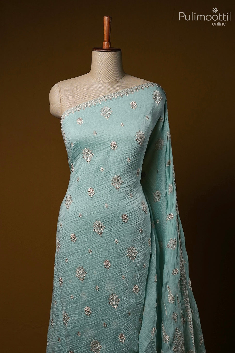 Light mint blue color crushed Chanderi silk saree