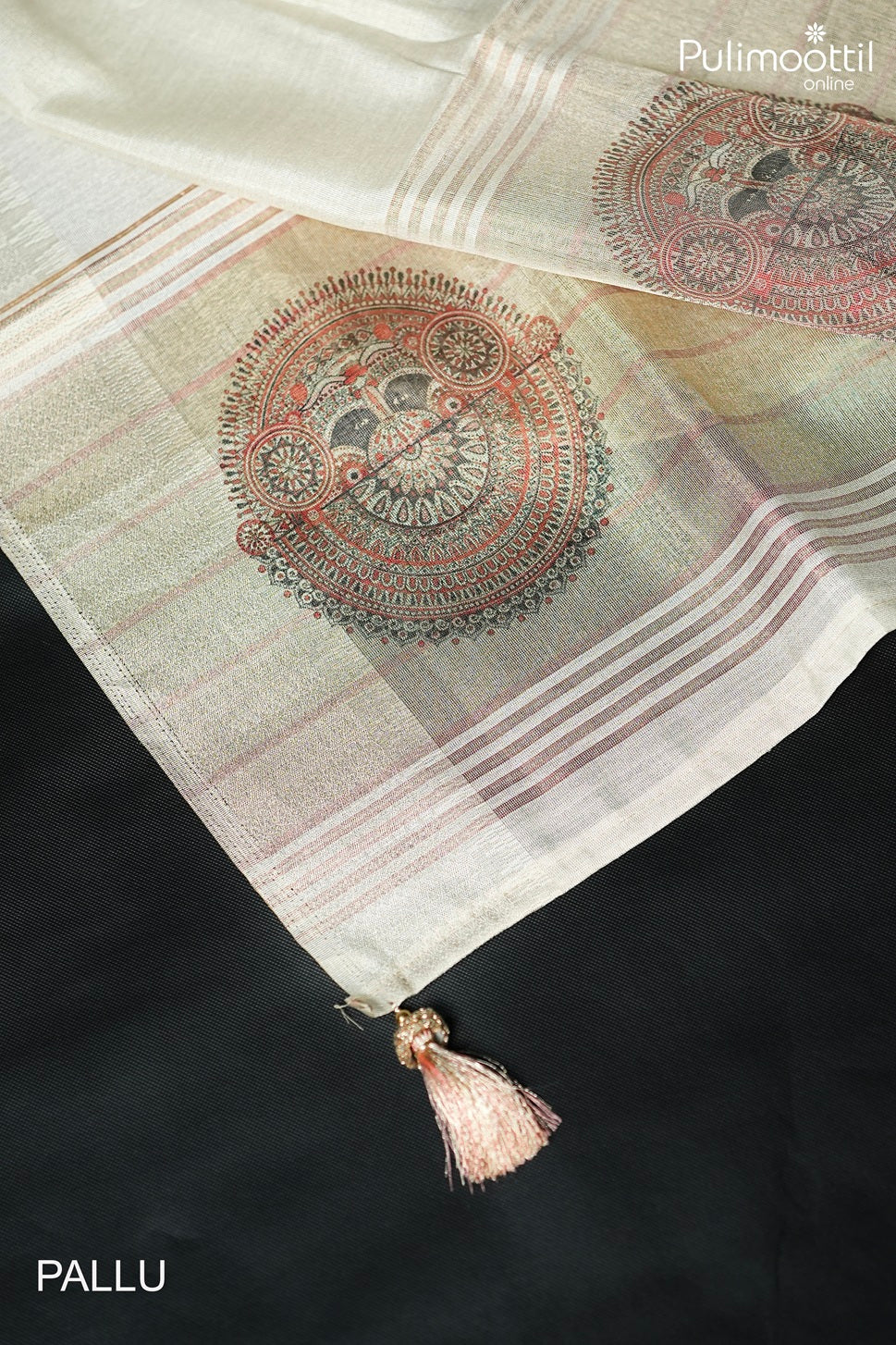 White golden tissue Theyyam print fancy saree