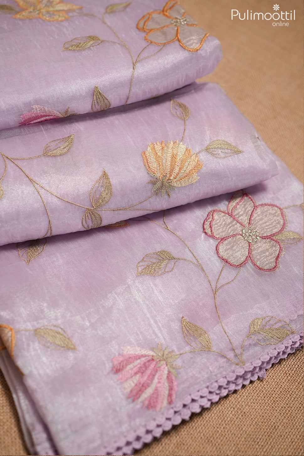 Lavender color crushed organza fancy saree