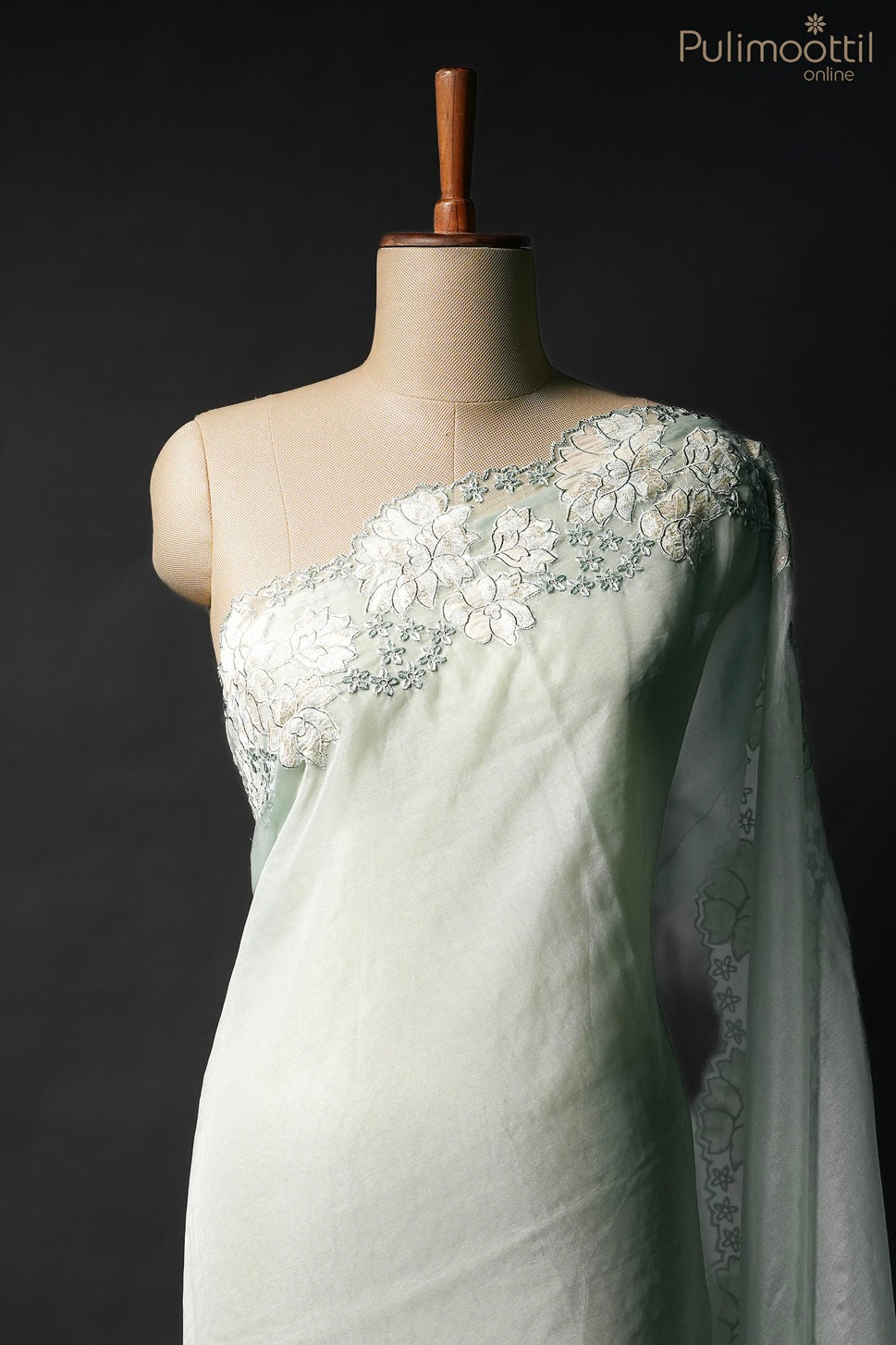 Pastel mint green color organza fancy saree