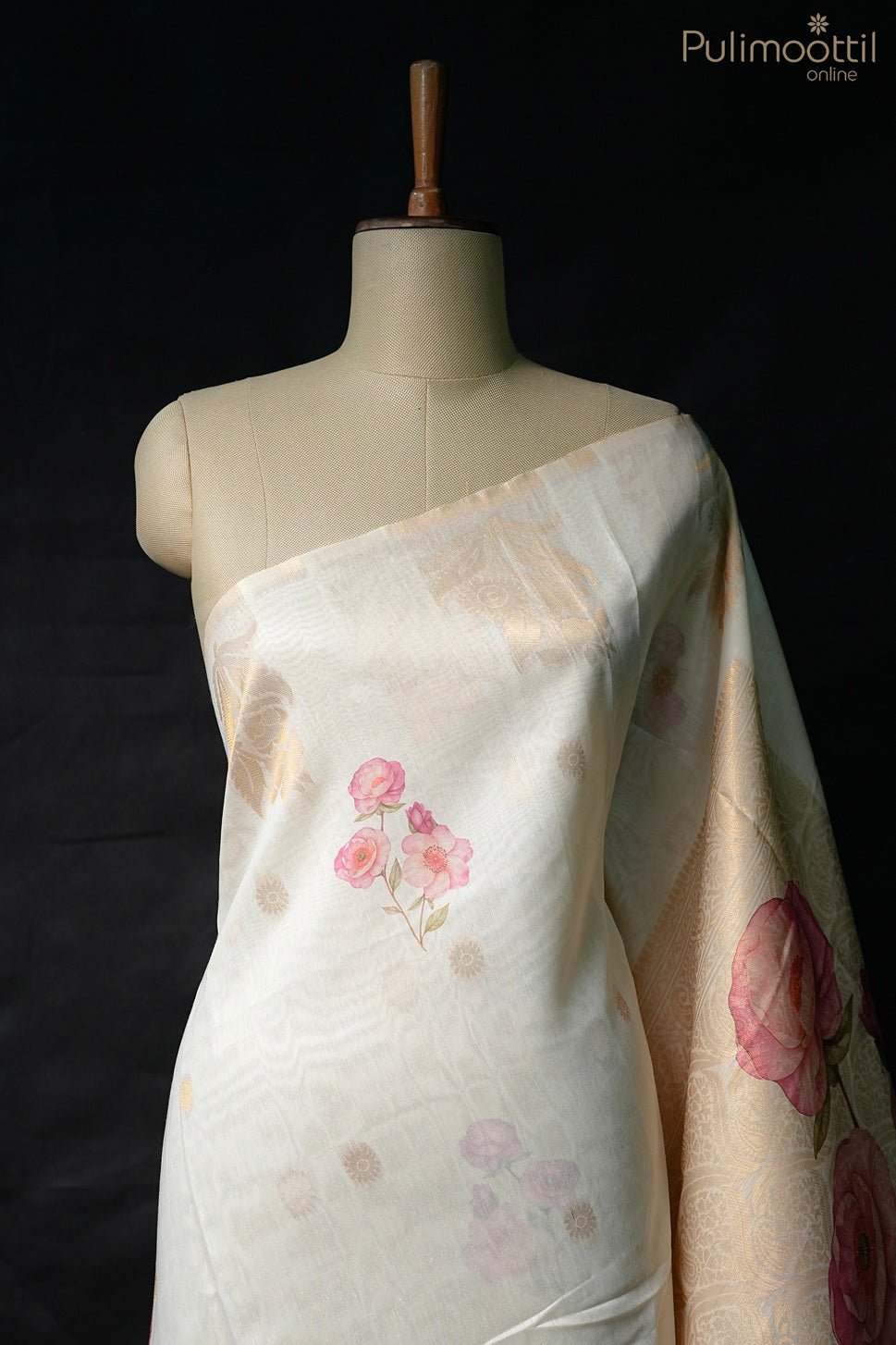 Cream color semi Chanderi printed saree