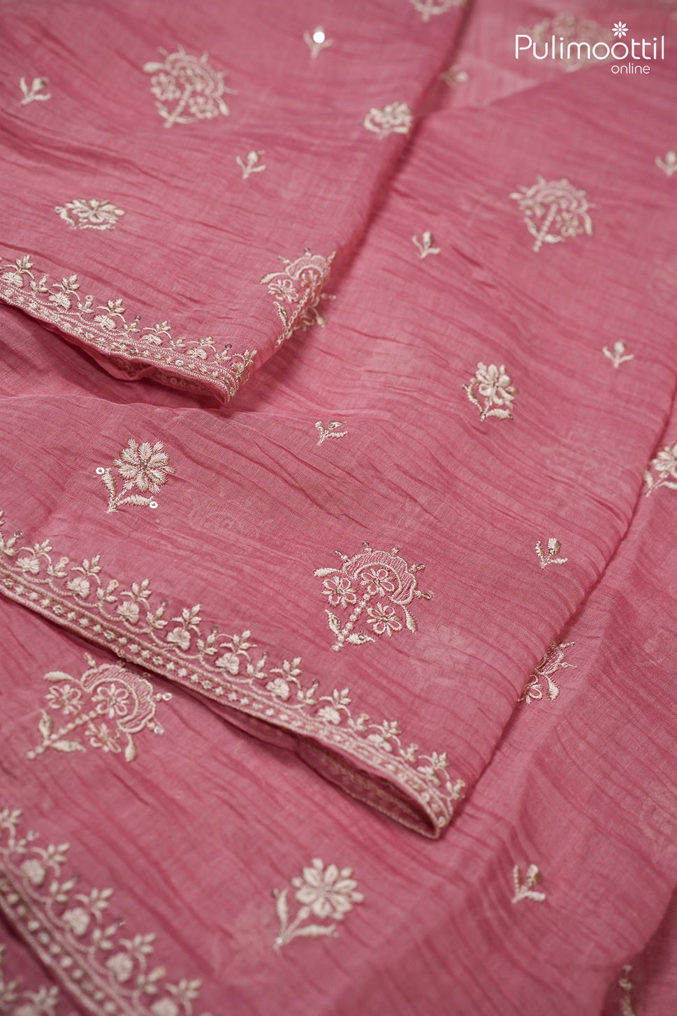 Peach pink color crushed Chanderi silk saree