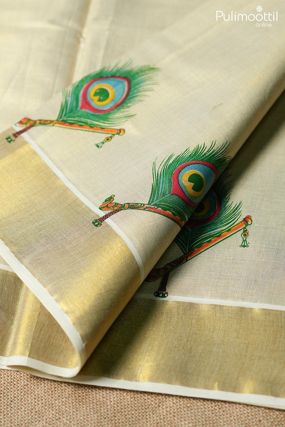 Kerala traditional golden tissue peacock printed set saree