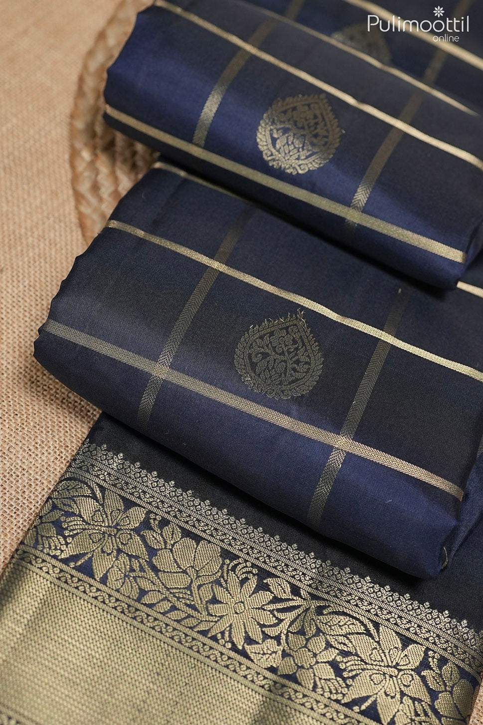Dark blue color Kanchipuram designer saree