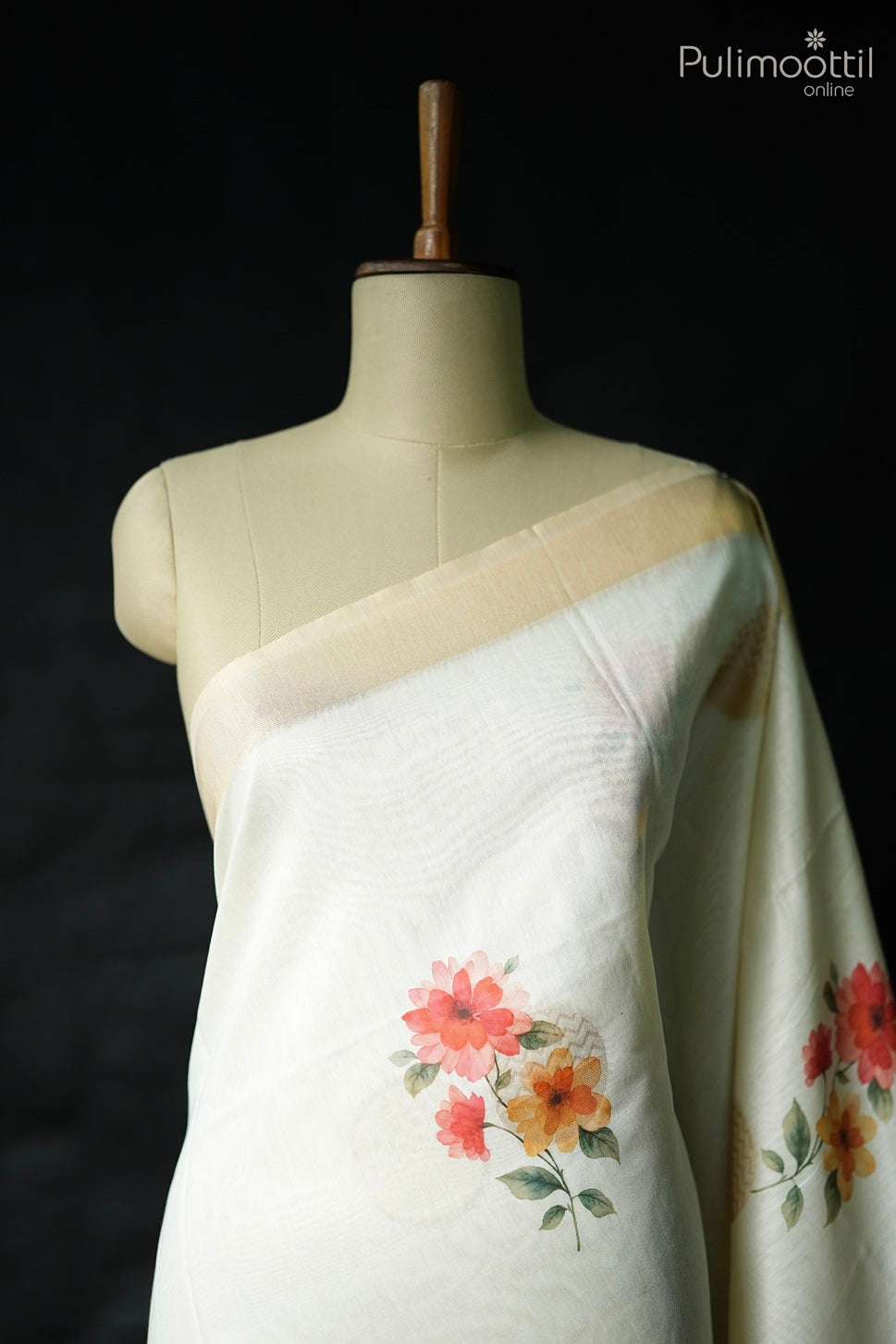 Off white color semi Chanderi printed fancy saree