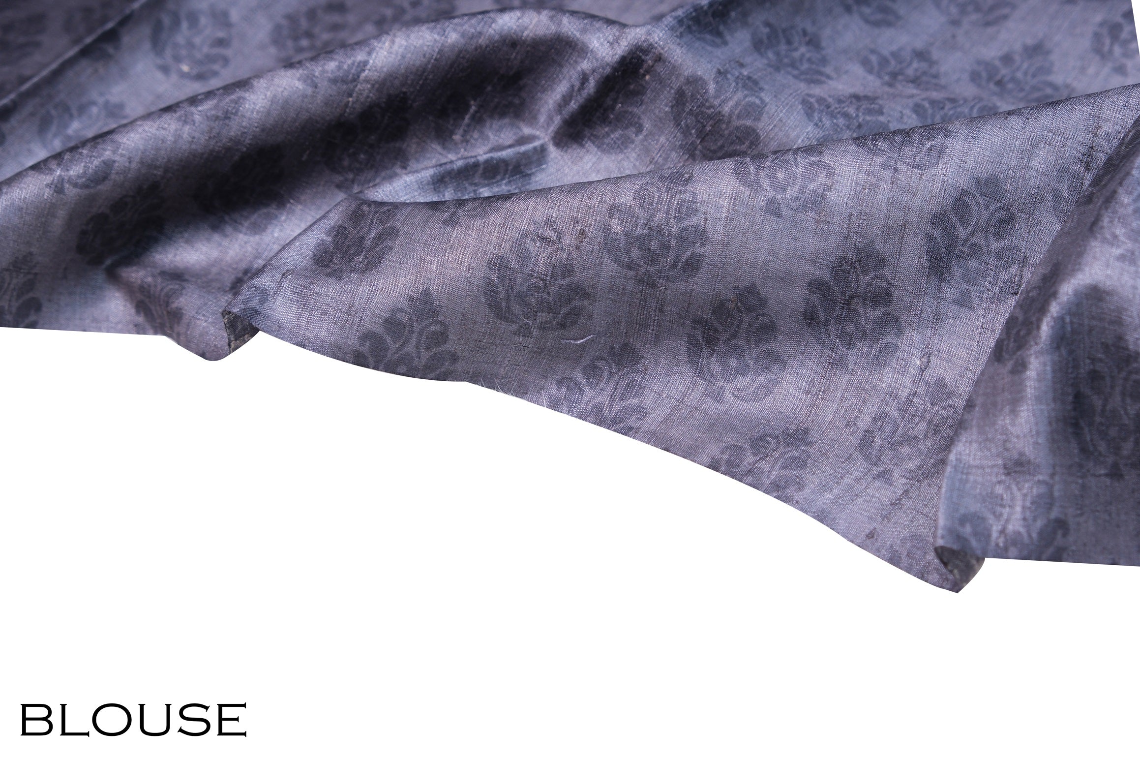 Grey color printed pure Tusser silk saree.