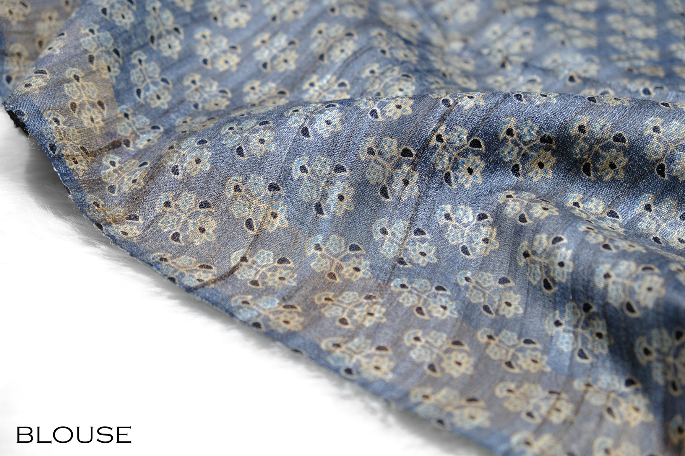 Ash blue & beige color jute silk saree.