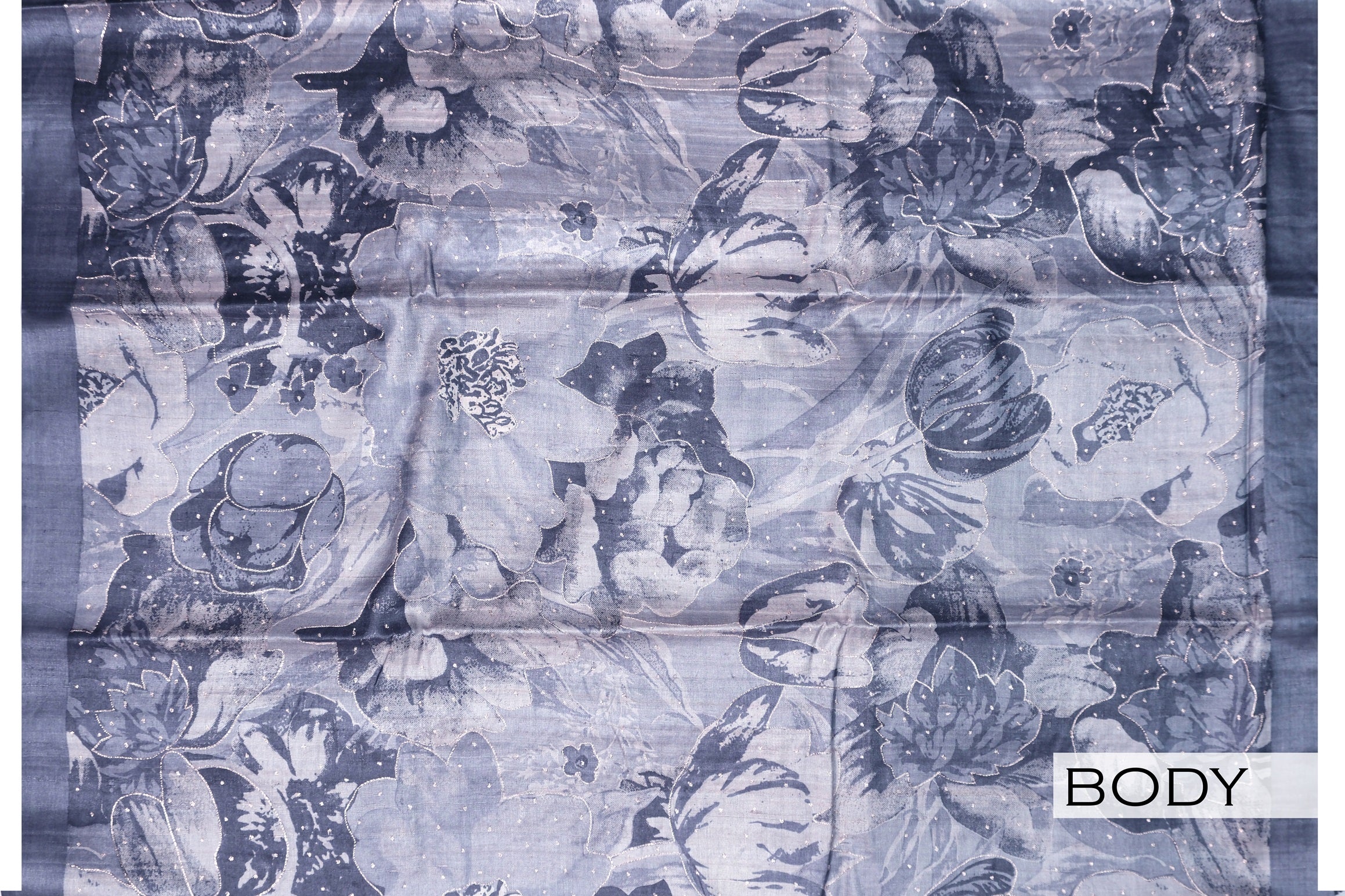 Grey color printed pure Tusser silk saree.