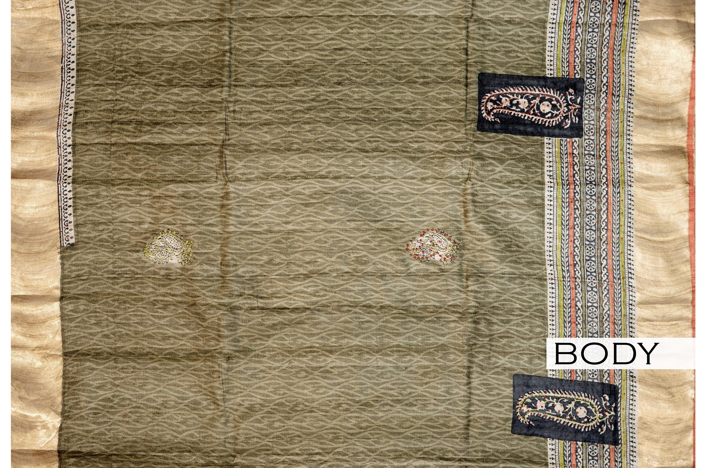 Olive green color pure jute silk saree.