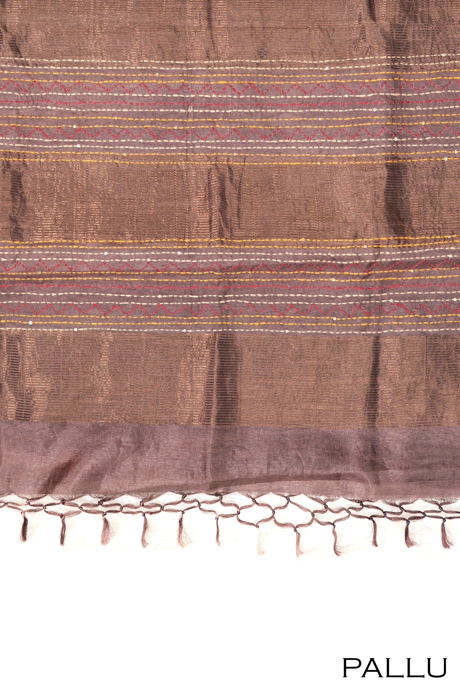 Pallu section of a saree featuring intricate designs and contrasting colors, typically draped over the shoulder.
