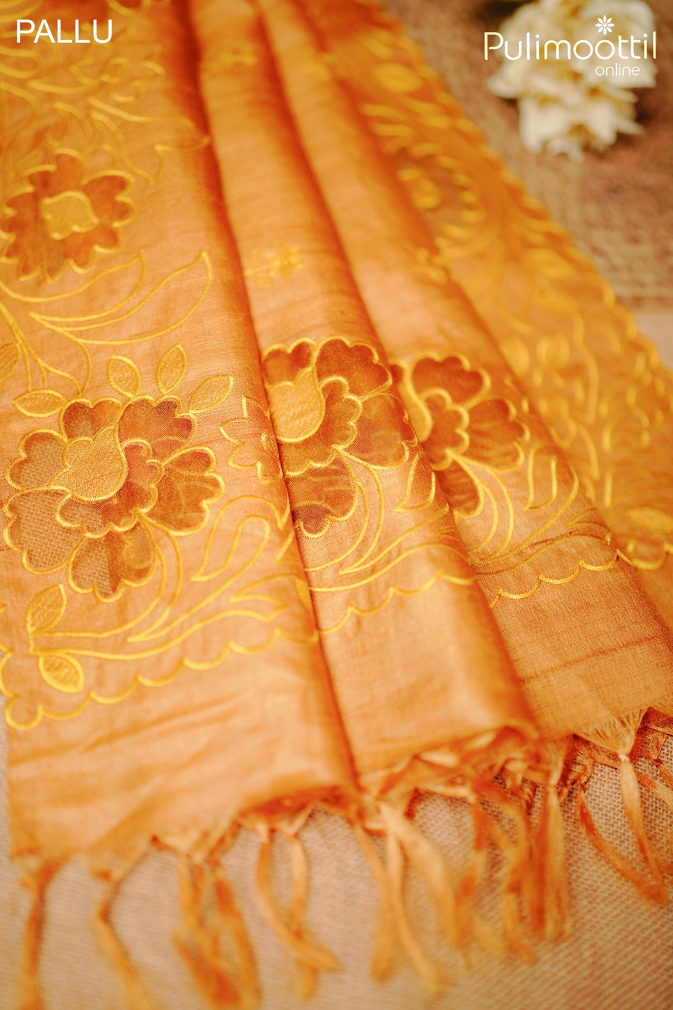 Golden yellow color appliqué work Tussar silk saree