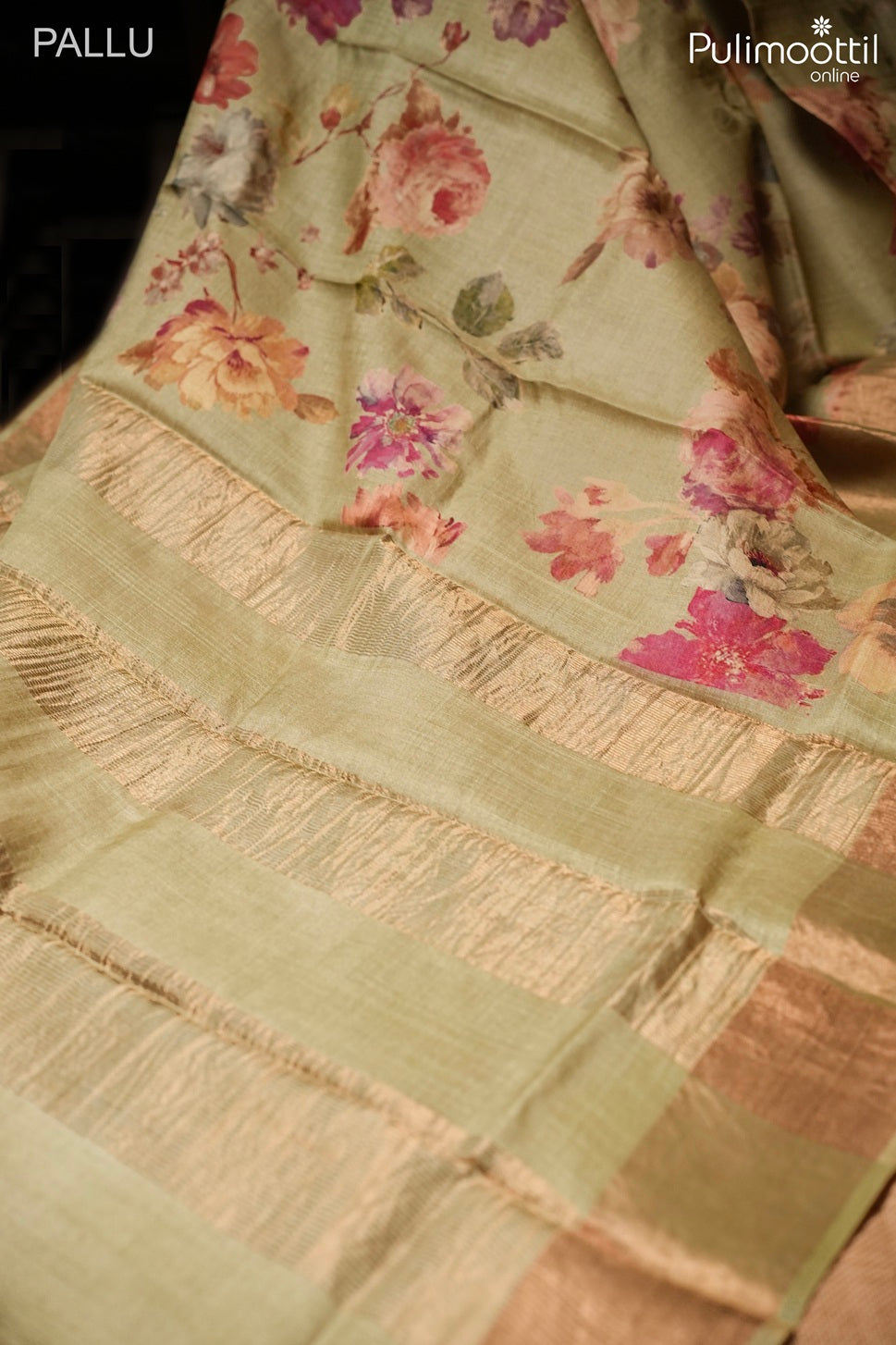 Pastel olive green color Tussar silk saree