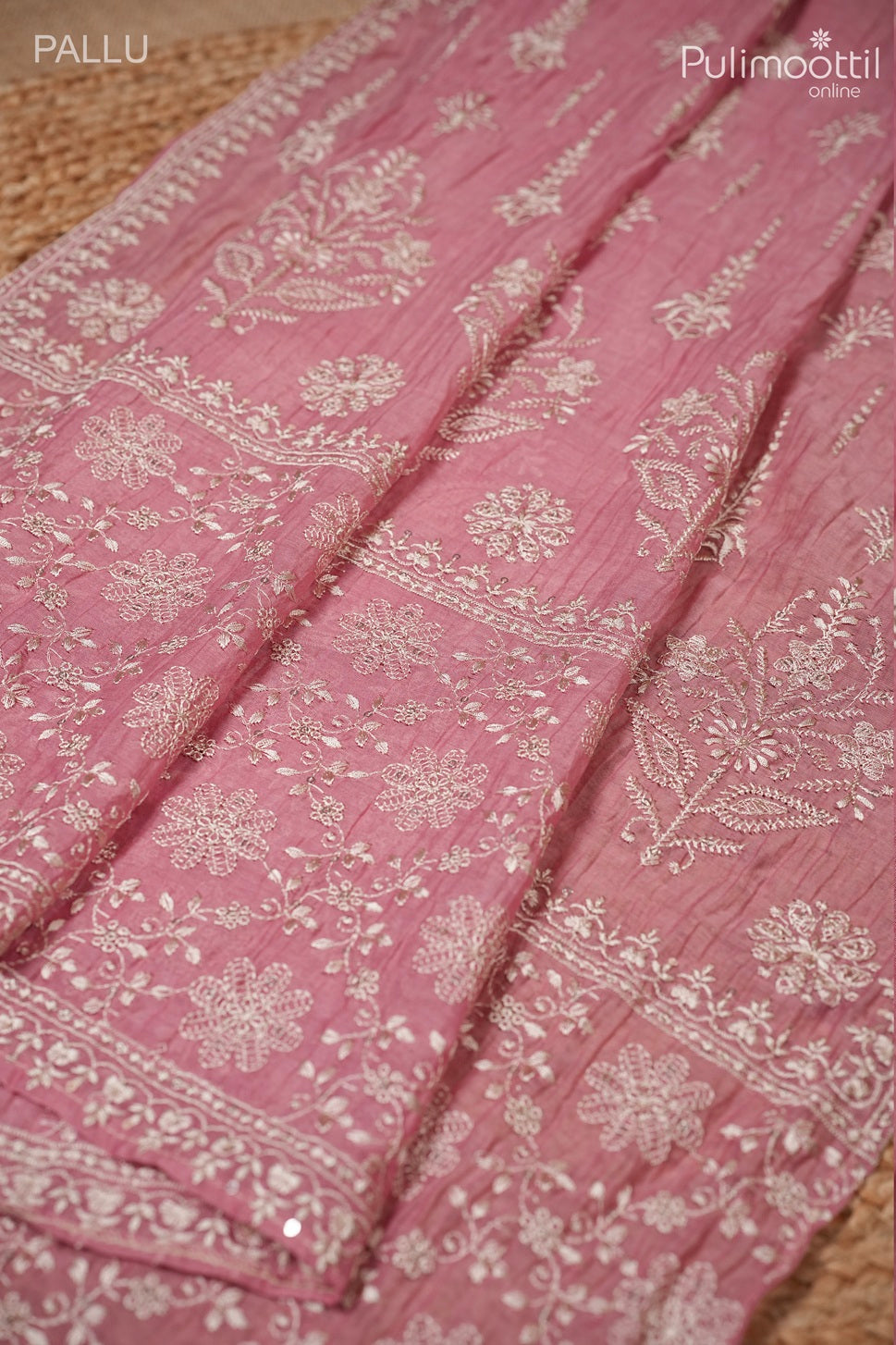 Peach pink color crushed Chanderi silk saree