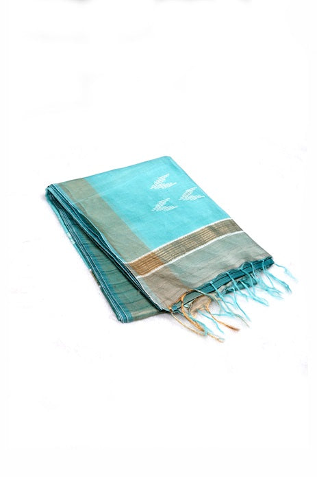Teal blue color jute silk saree.