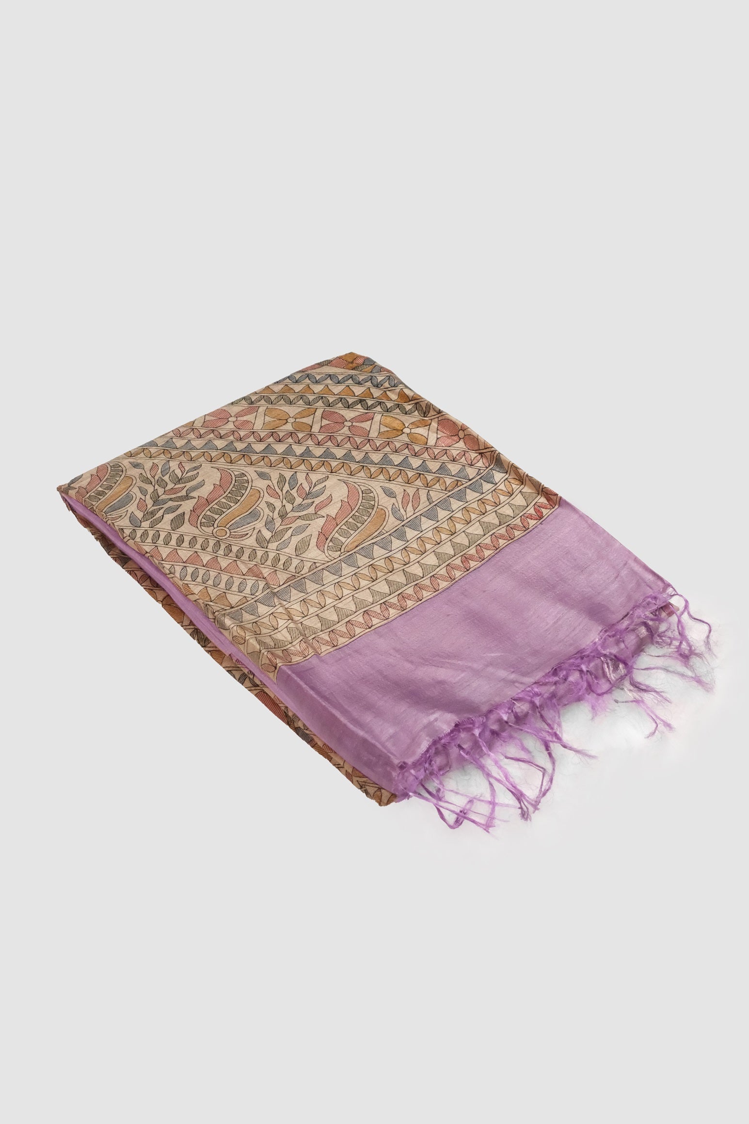 Light Lavender color printed Tusser linen saree.
