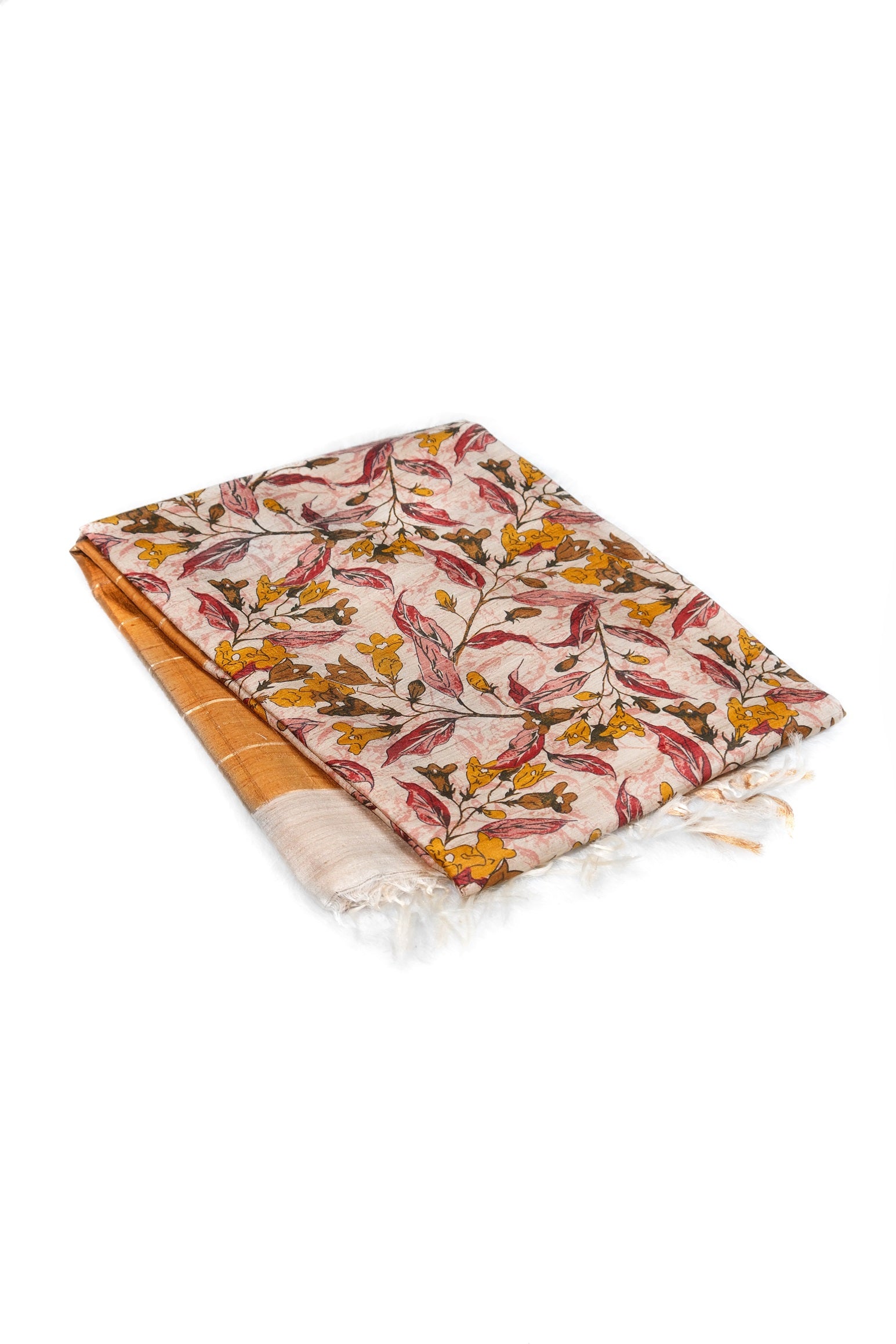 Beige color floral printed jute silk saree.