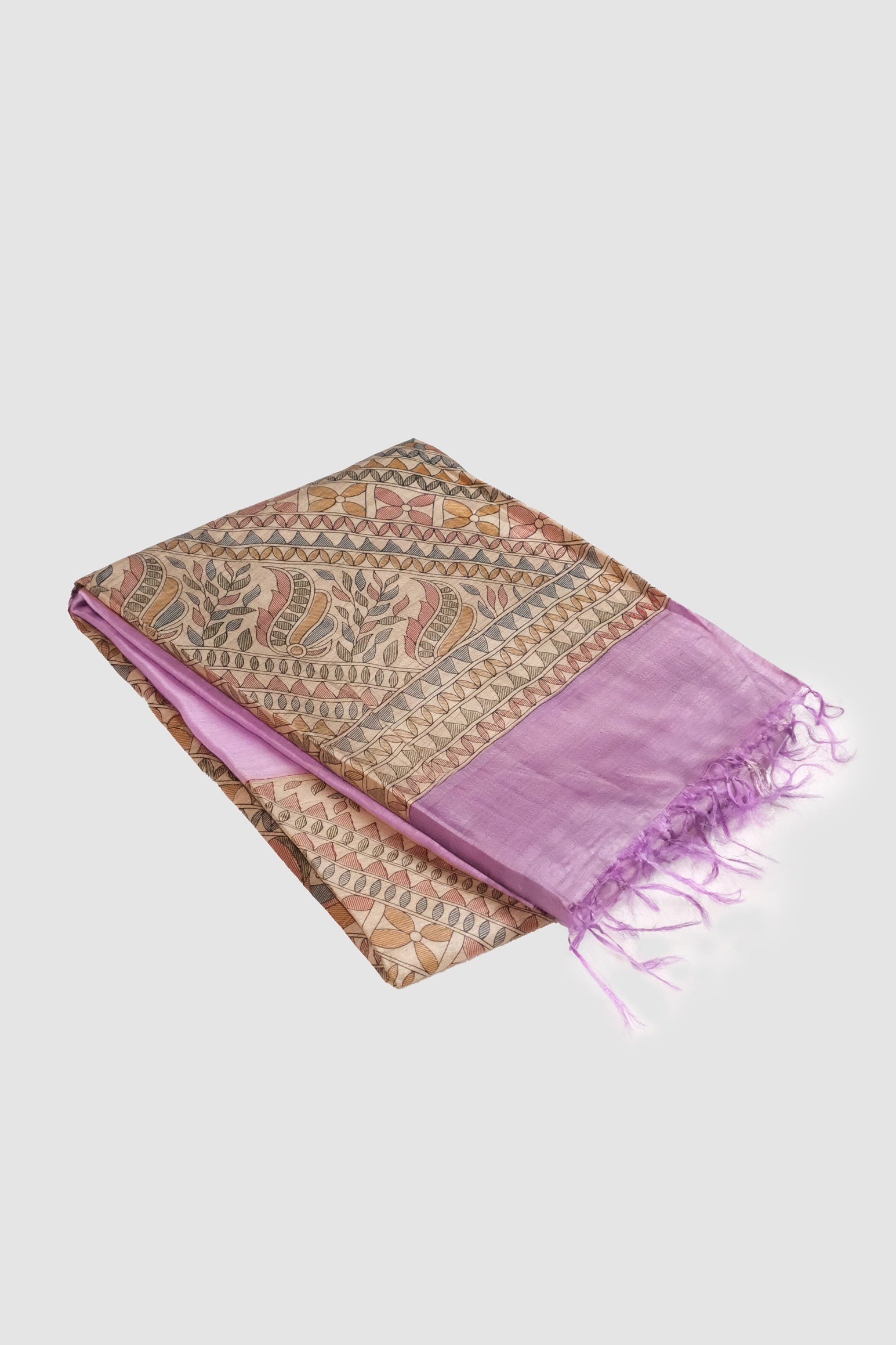 Light Lavender color printed Tusser linen saree.