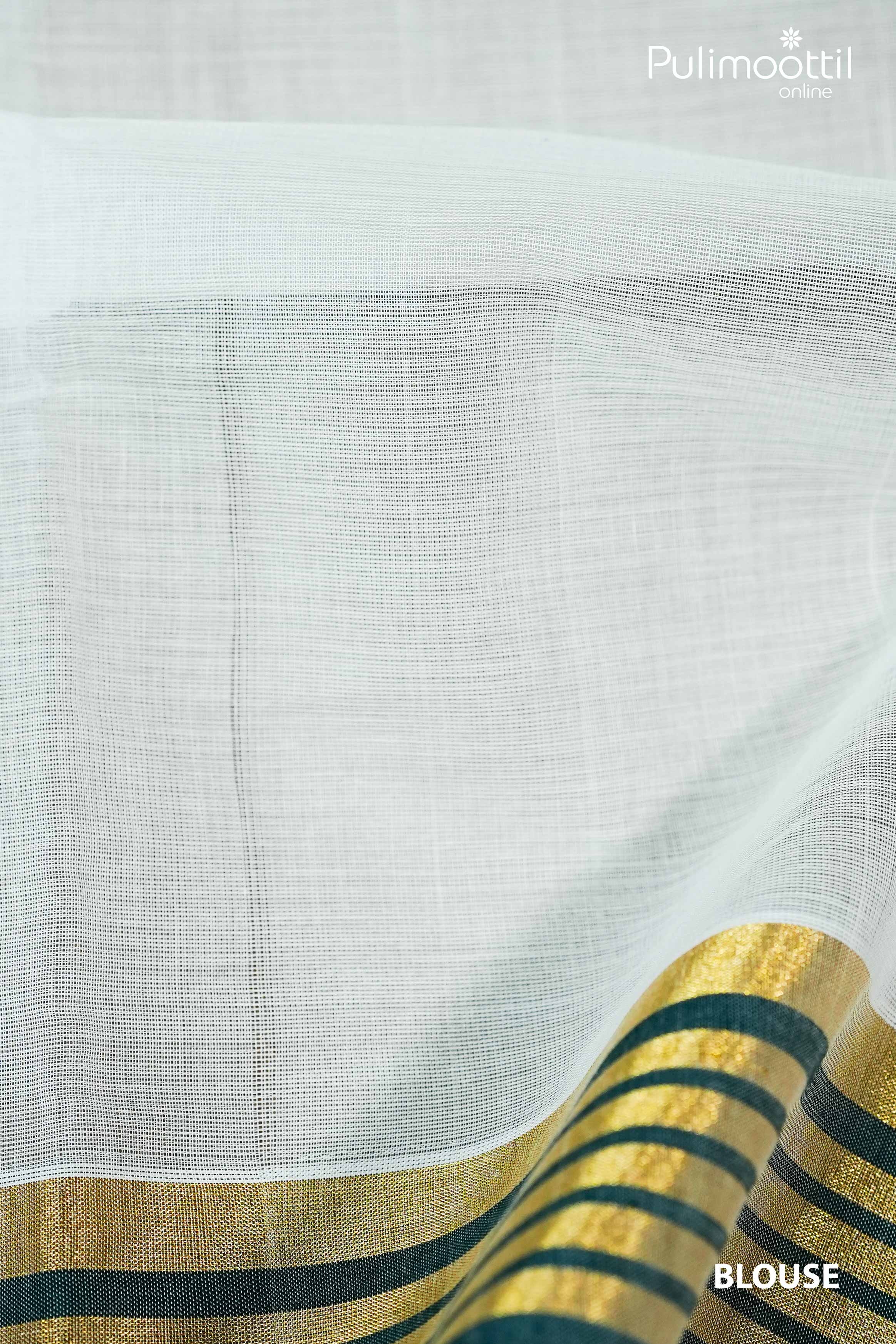 Plain cream blouse piece of Kerala set saree with golden-green striped tissue border, lightweight handwoven fabric for traditional wear.
