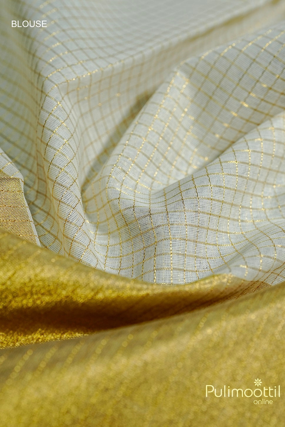 Close-up of Cream Colour Kerala Handloom Saree blouse fabric featuring golden zari check design and smooth texture.