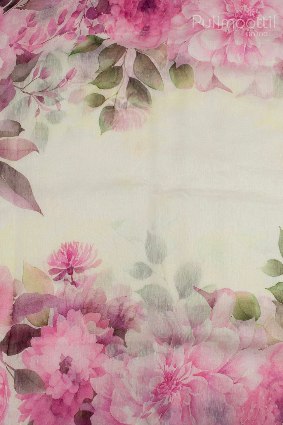 Cream linen saree with vibrant pink floral watercolor-style print, featuring leafy green accents and a soft translucent texture.