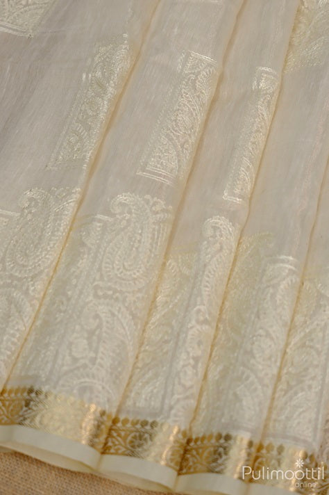 Close-up of cream net cotta saree pleats featuring intricate mango floral thread motifs and rich golden zari creeper design border.