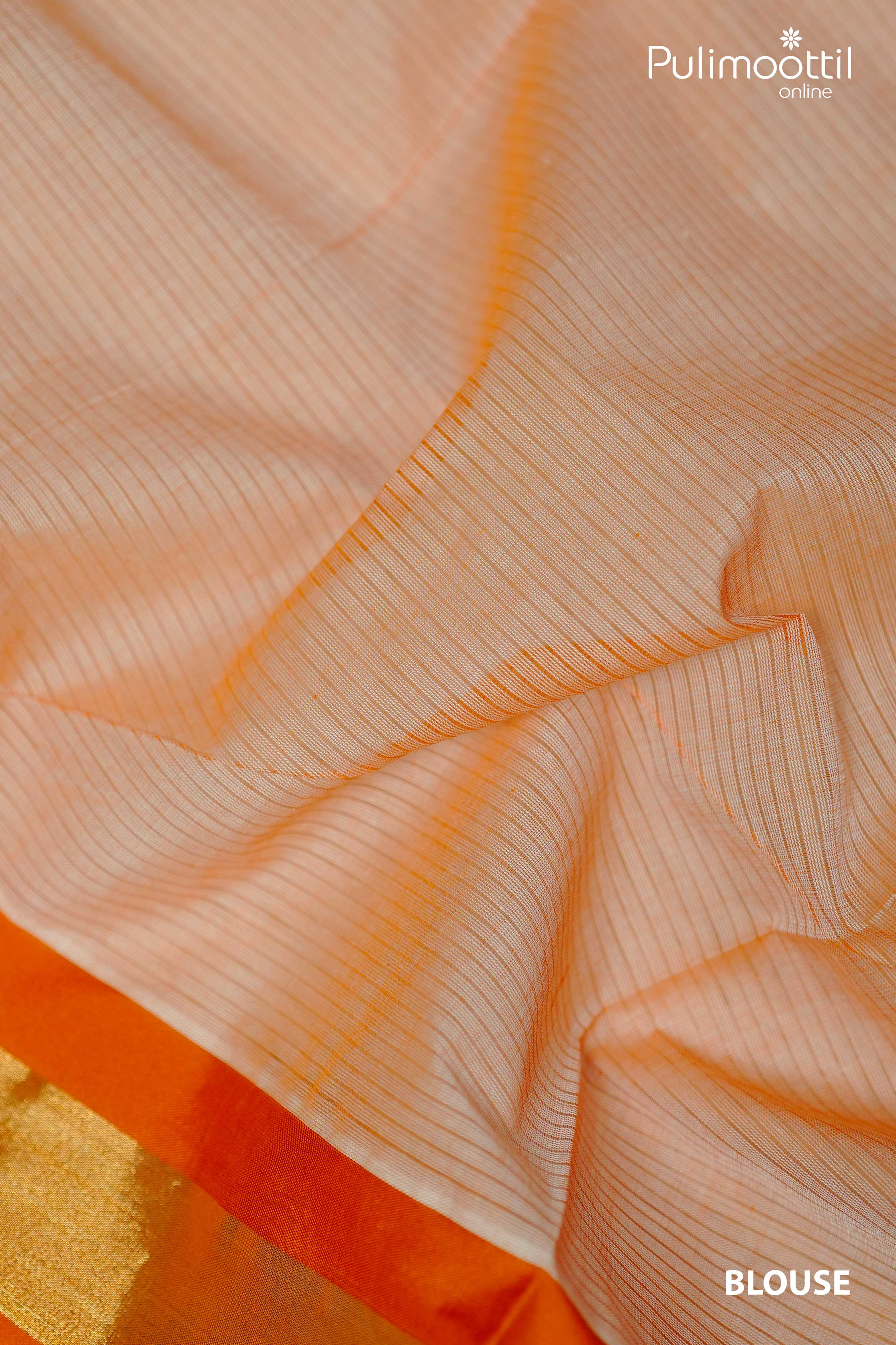 Matching blouse piece in cream Kerala tissue fabric with fine orange stripes and golden zari border.