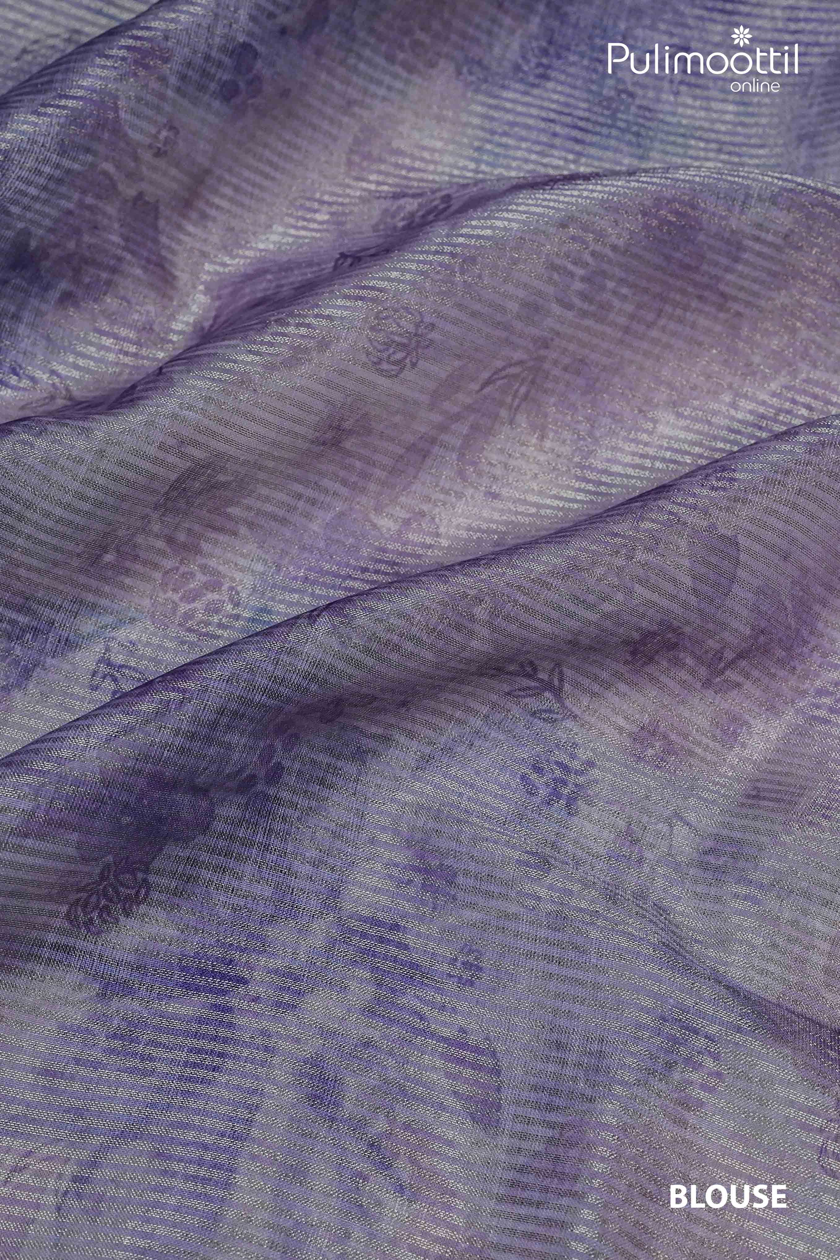 Lavender blouse fabric with golden zari lines and subtle floral print detailing – Pulimoottil Online