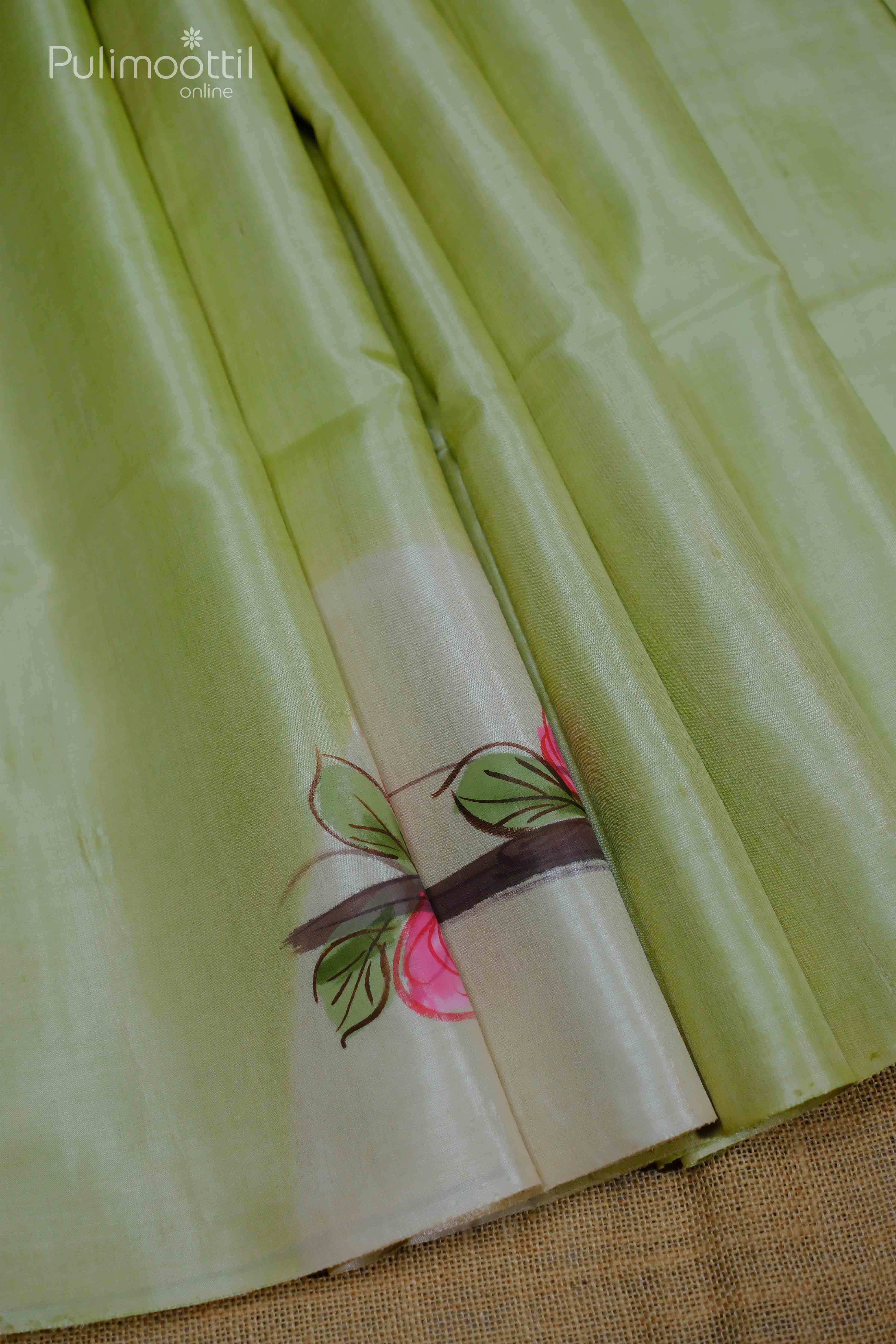 Close-up of Cream and Light Pista Green Pure Tussar Silk Saree with Floral Painting Design, Highlighting Pleats and Edges.