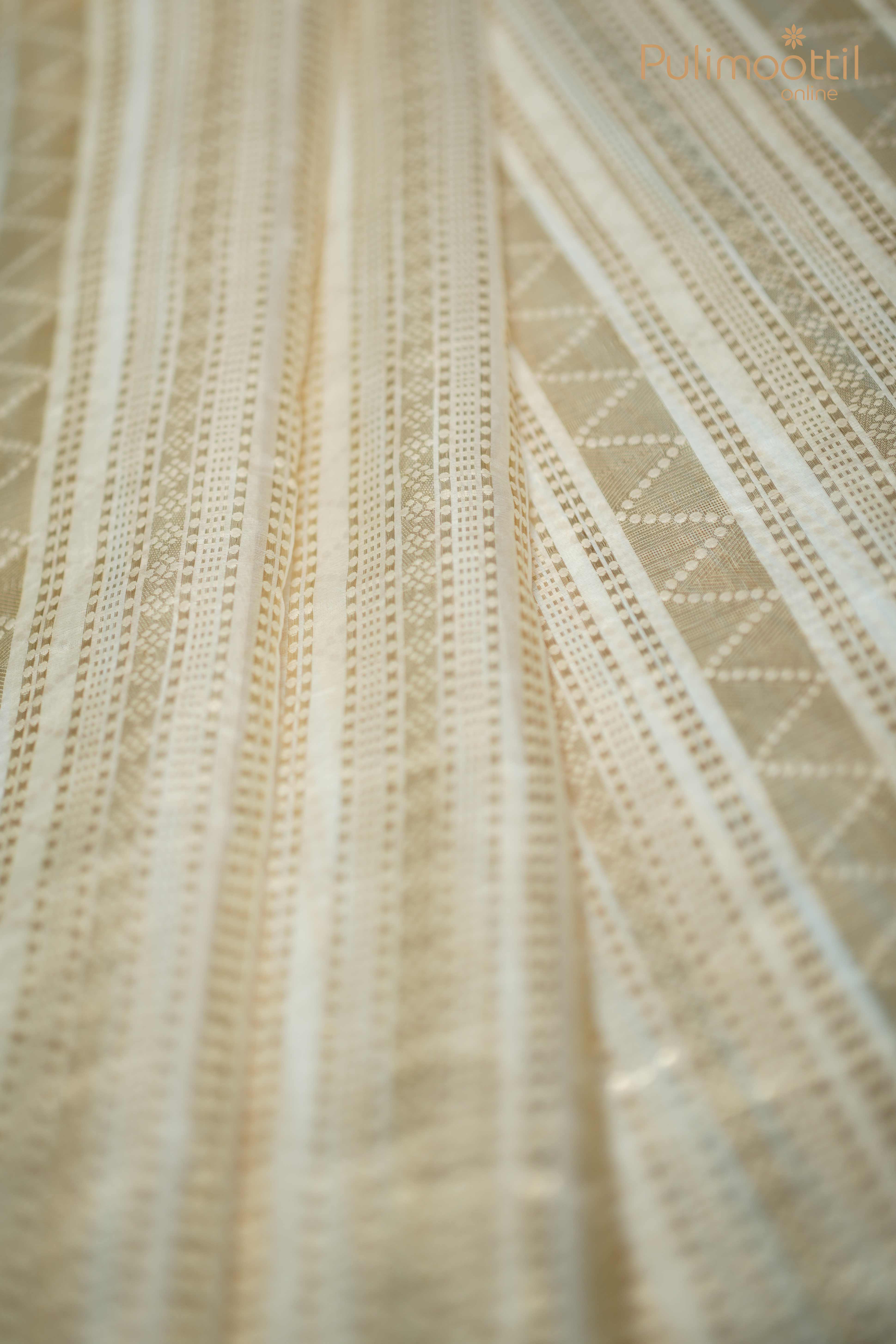Close-up of cream organza saree body with intricate golden zari lines and geometric weaving pattern.