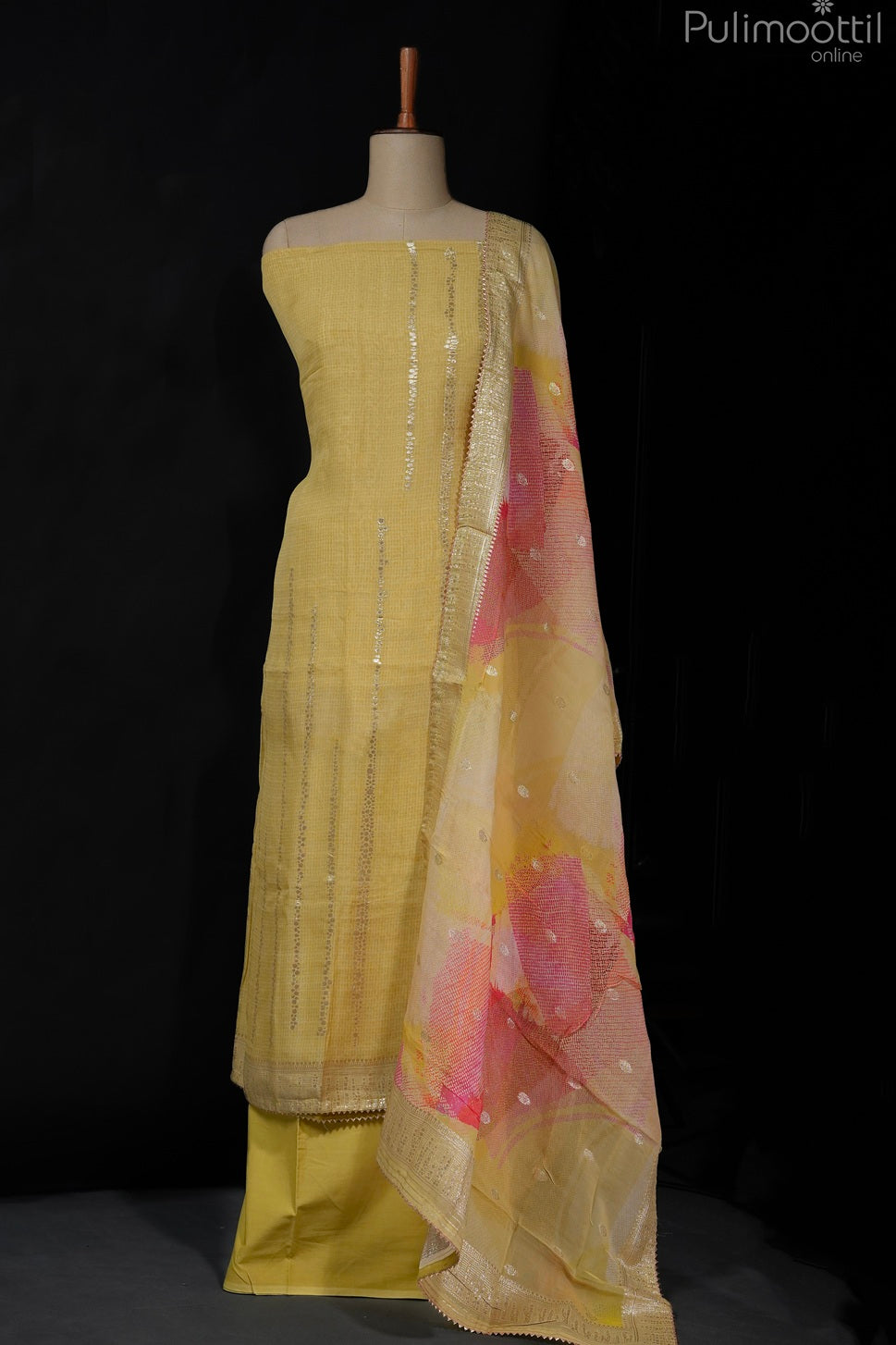 Olive Yellow Organza Unstitched Salwar Set