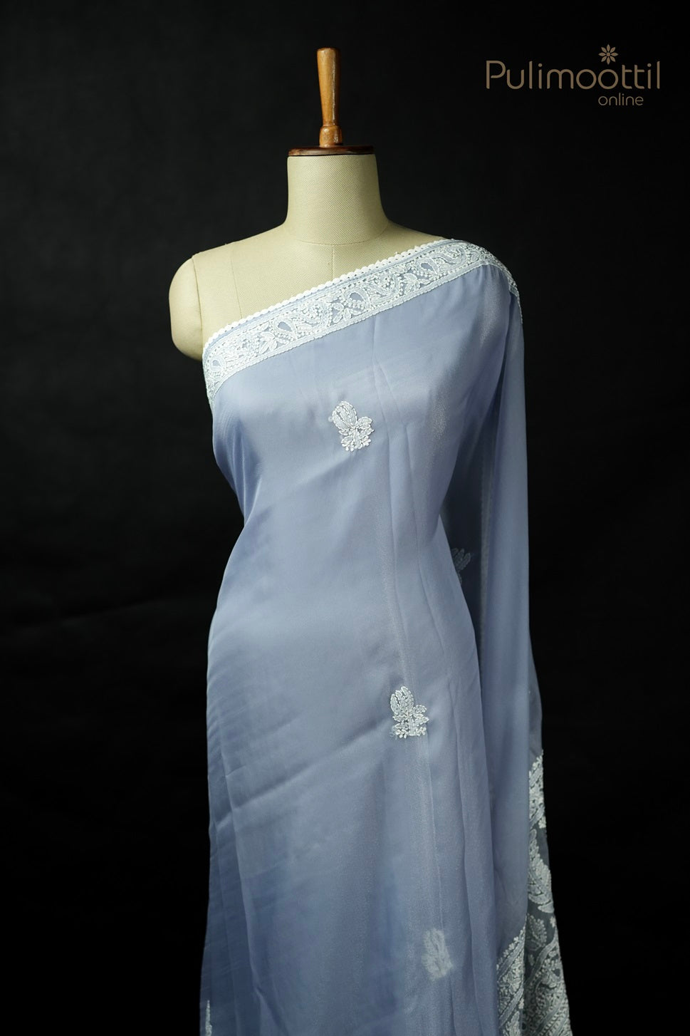 Steel Blue Colour Chikankari Work Organza Fancy Saree.