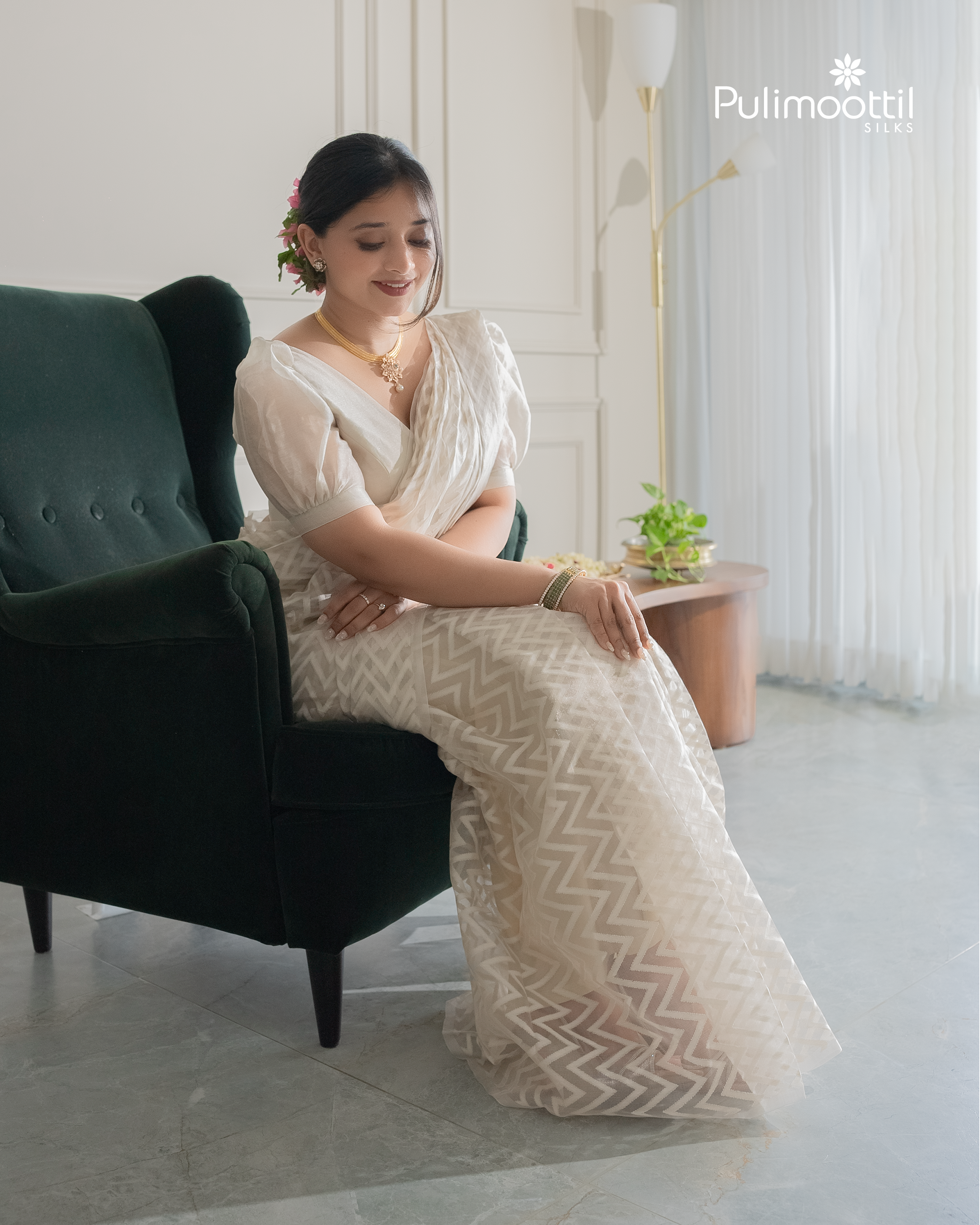 Floral White color Organza saree