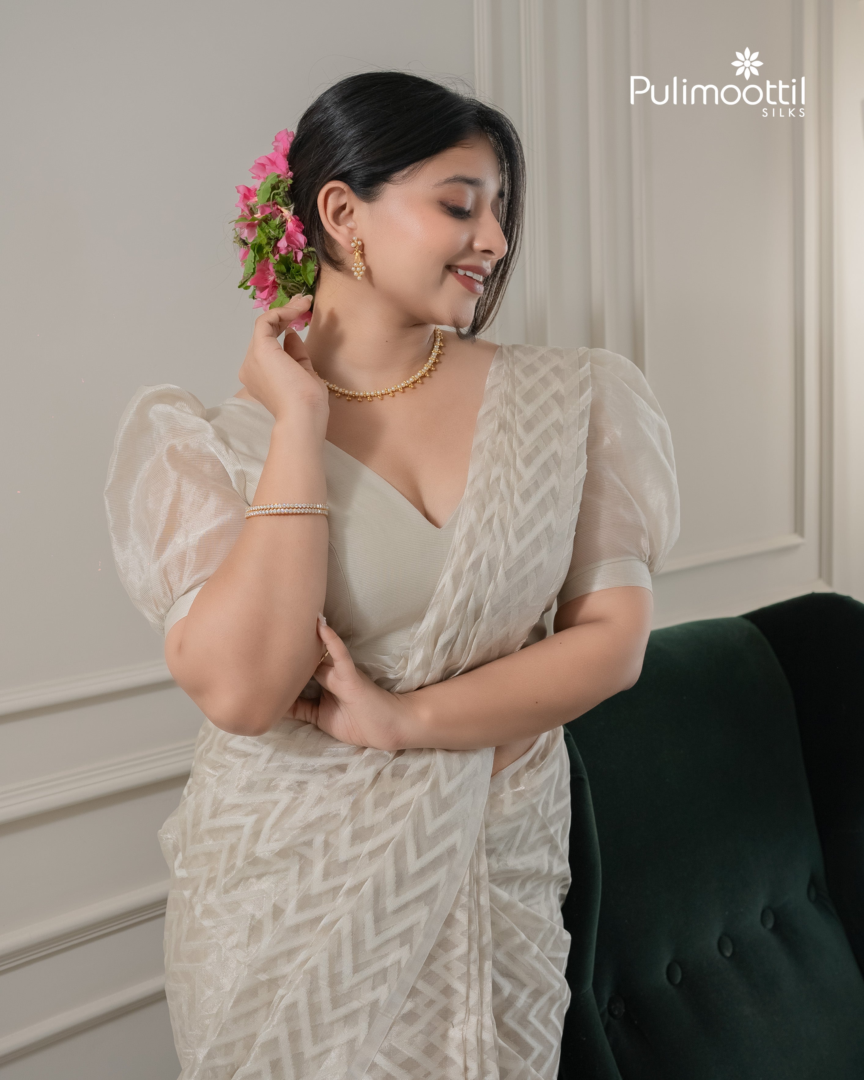 Floral White color Organza saree