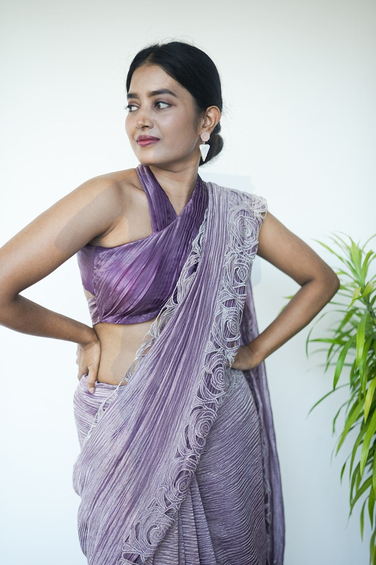 Violet Colour Crushed Organza Saree