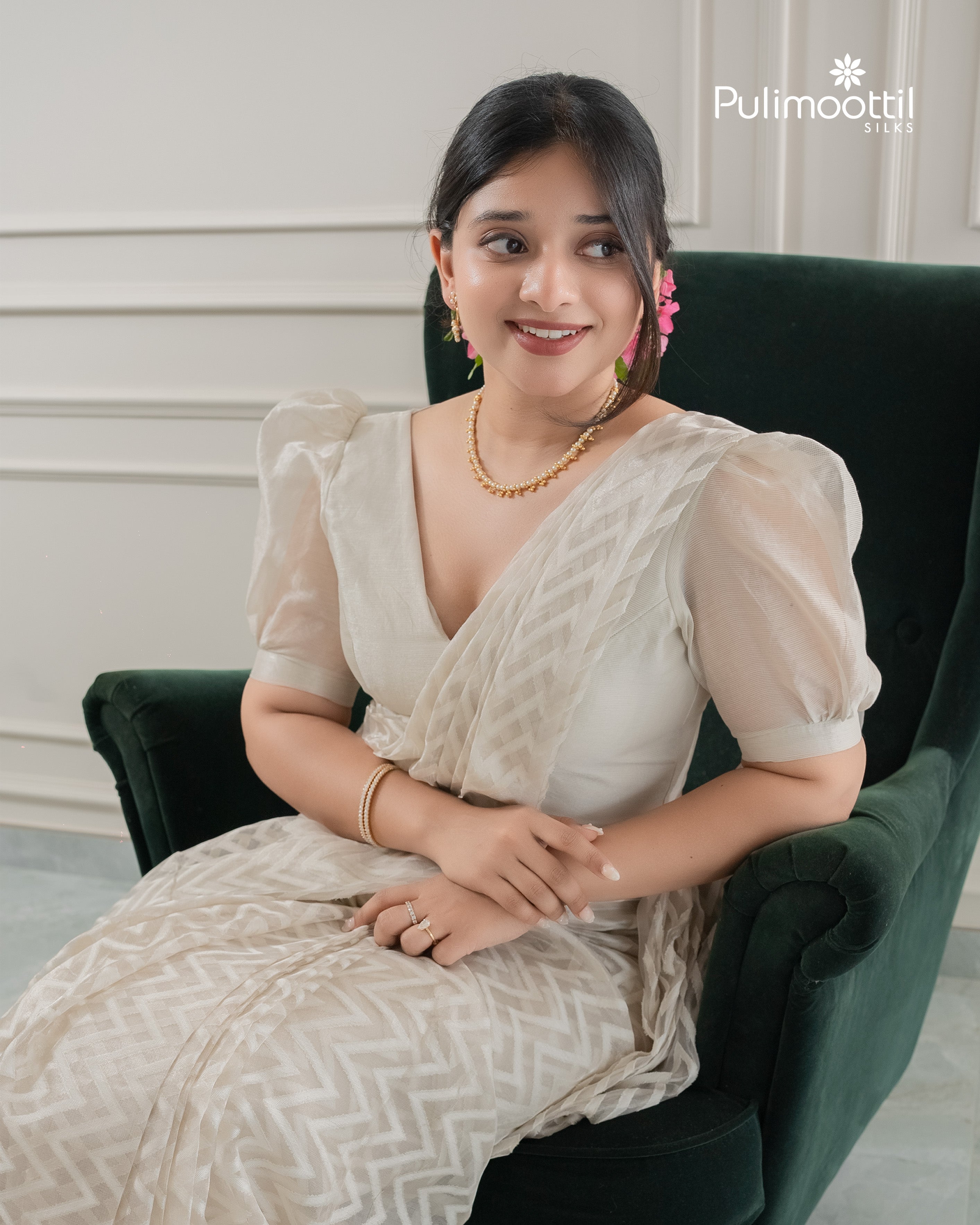 Floral White color Organza saree