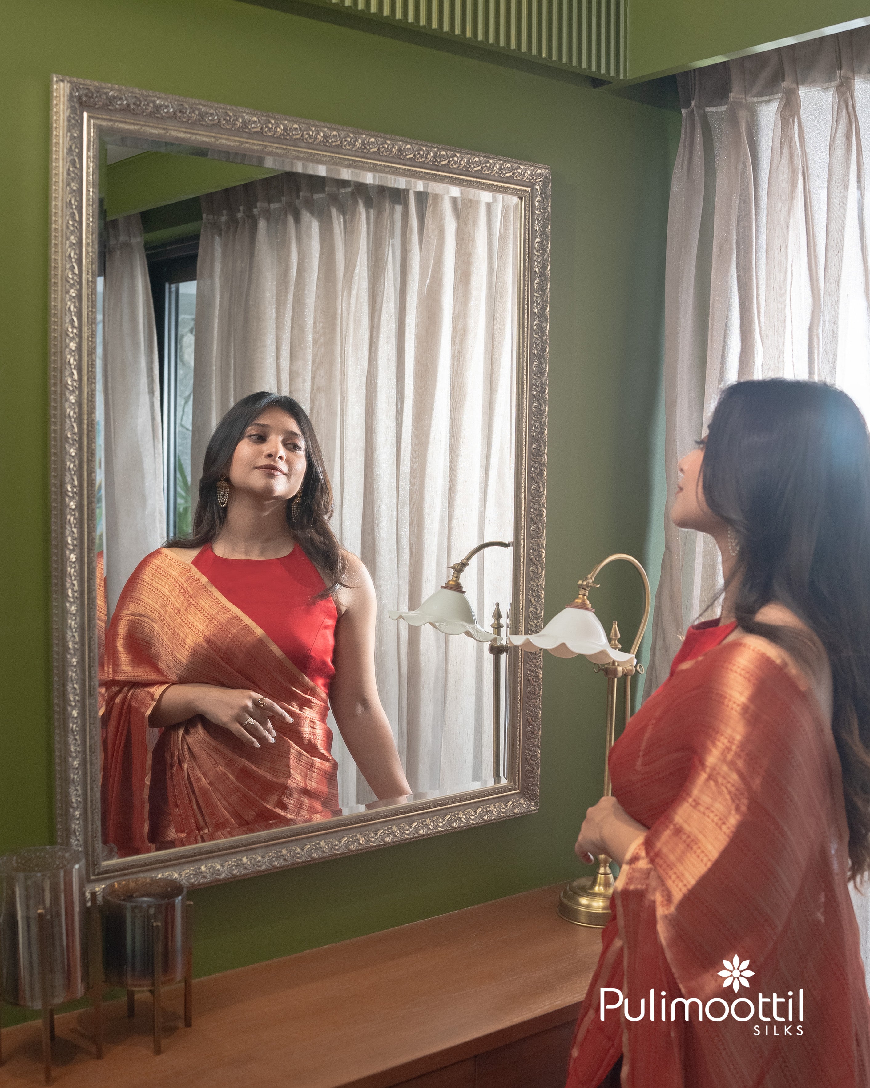 Red color pure Banarasi moonga chiffon khaddi saree.