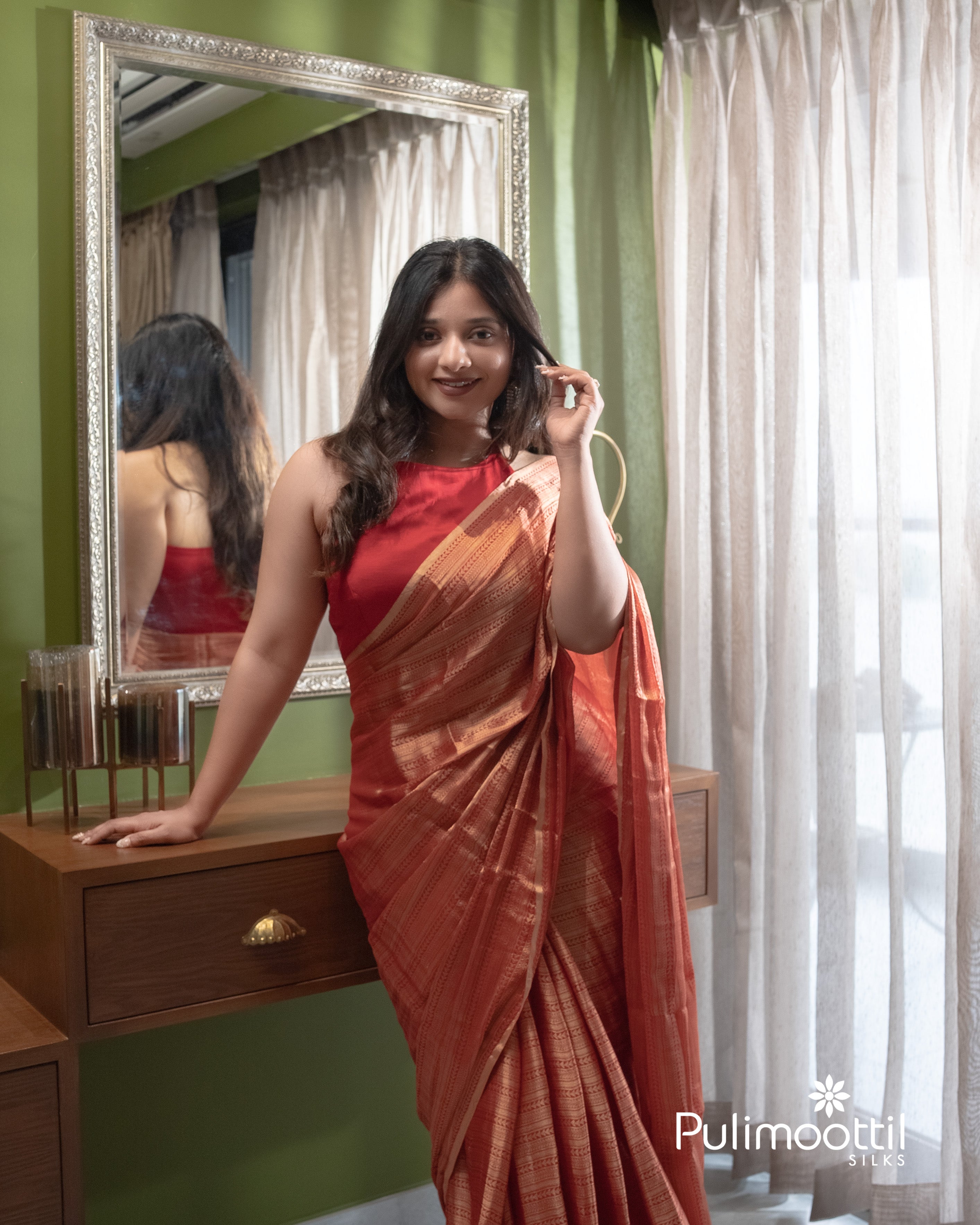 Red color pure Banarasi moonga chiffon khaddi saree.