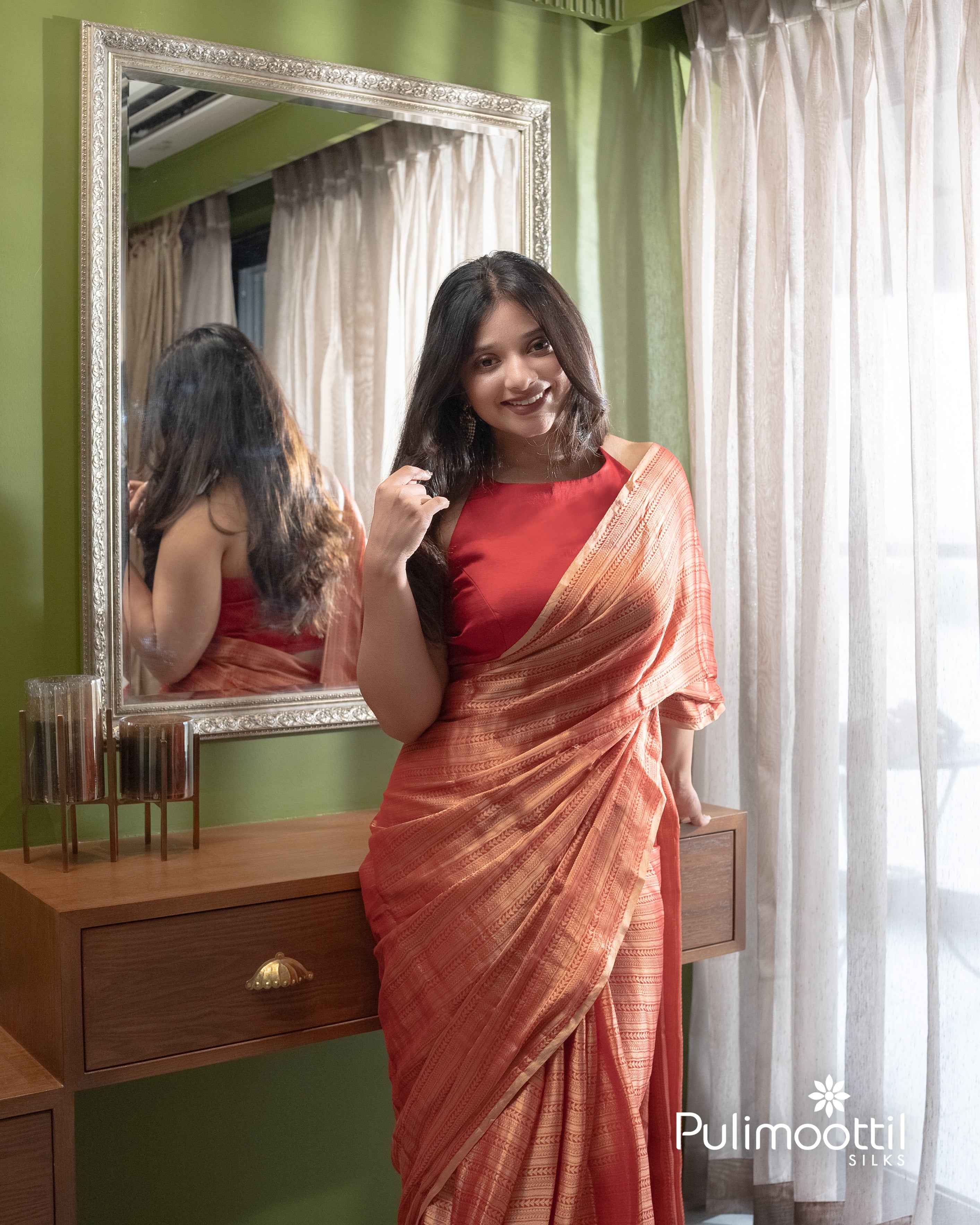 Red color pure Banarasi moonga chiffon khaddi saree.