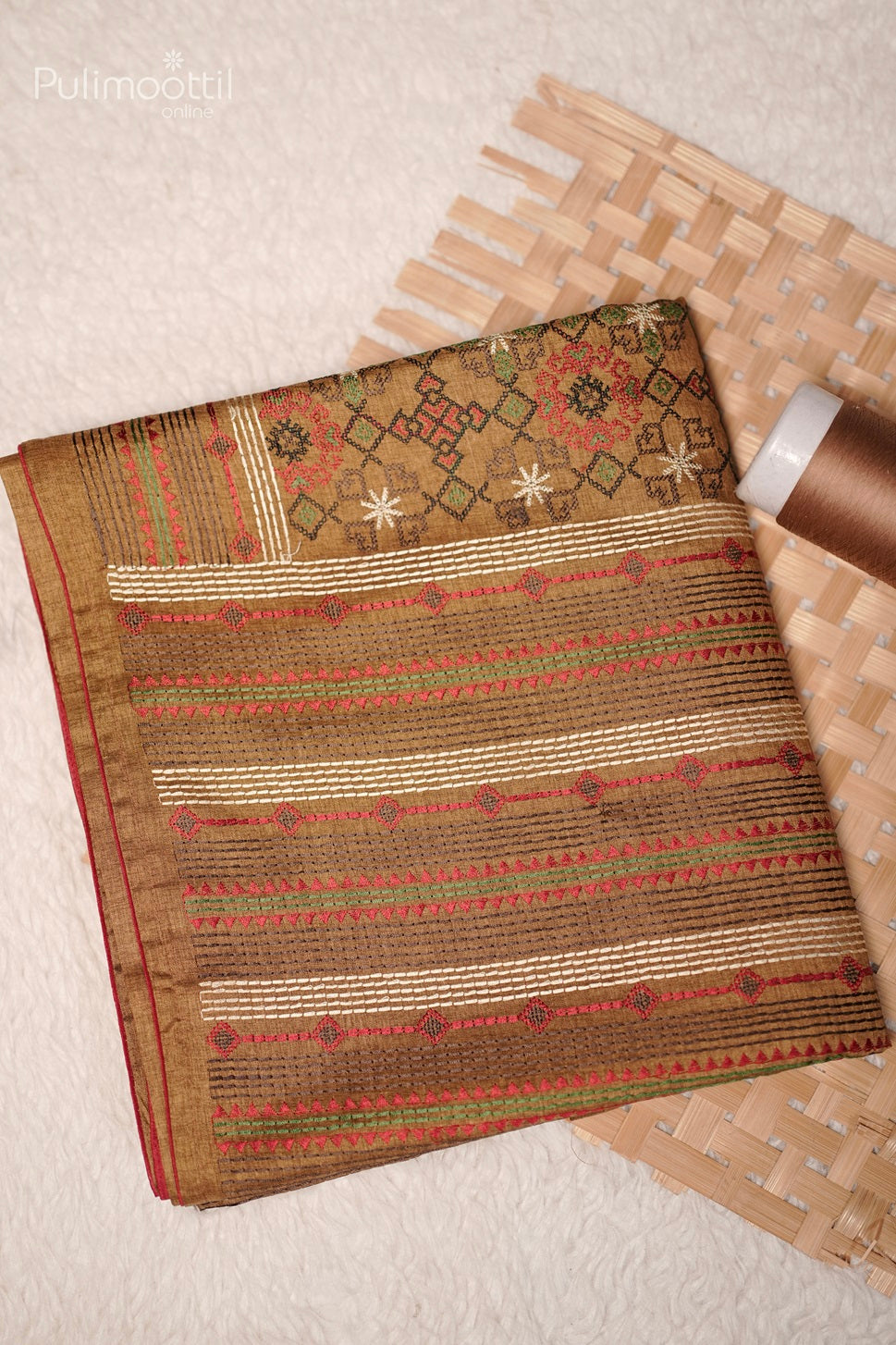 Chickoo Colour Semi Tussar Kantha Work Embroidery Saree