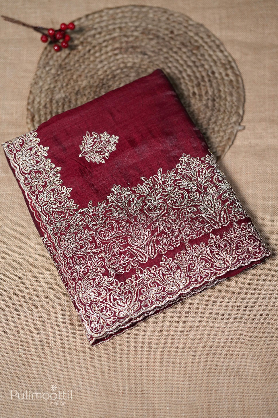 Maroon colour satin crepe fancy saree