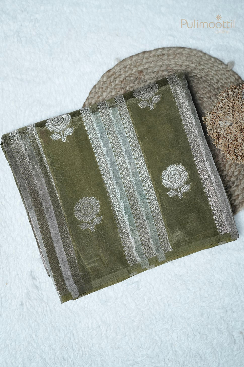 Olive Green Colour Chiniya Silk Fancy Saree