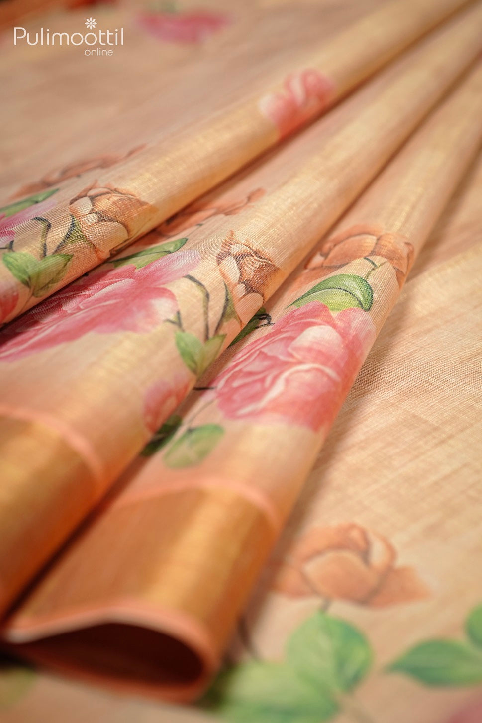 Orange Shaded Golden Tissue Floral Print Onam Fancy Saree.