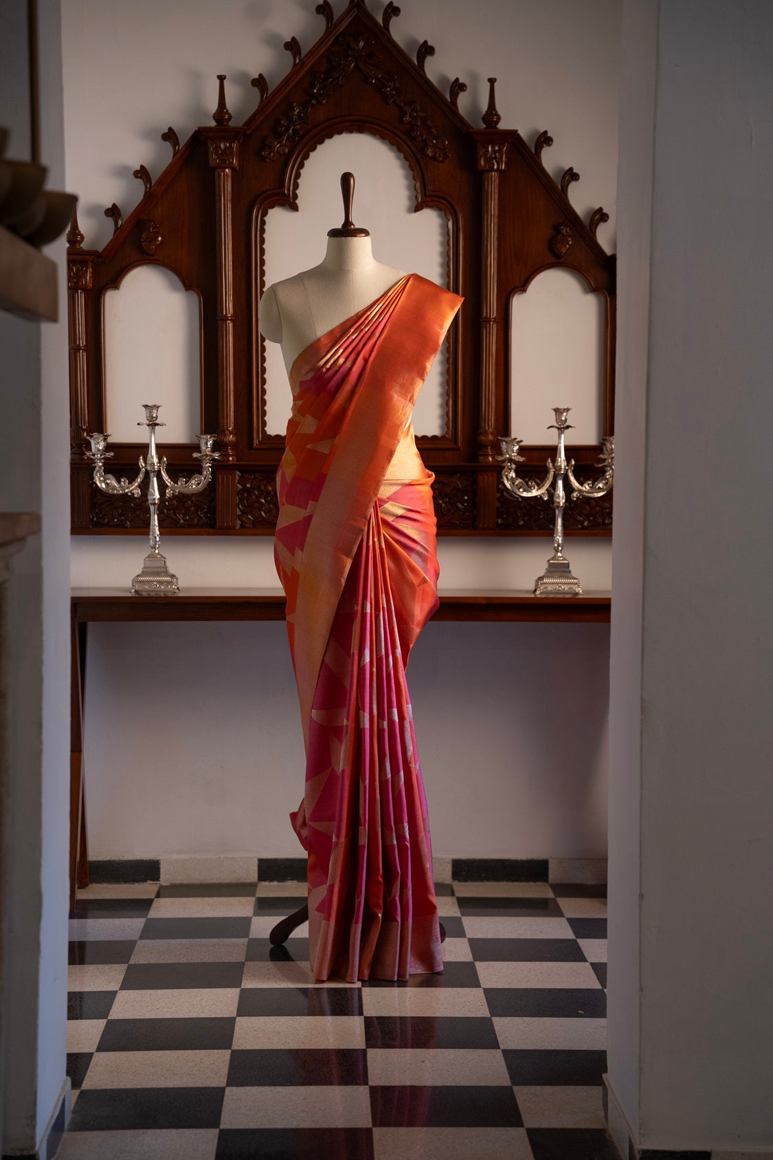 Pink & Orange multi color Kanchipuram silk saree.