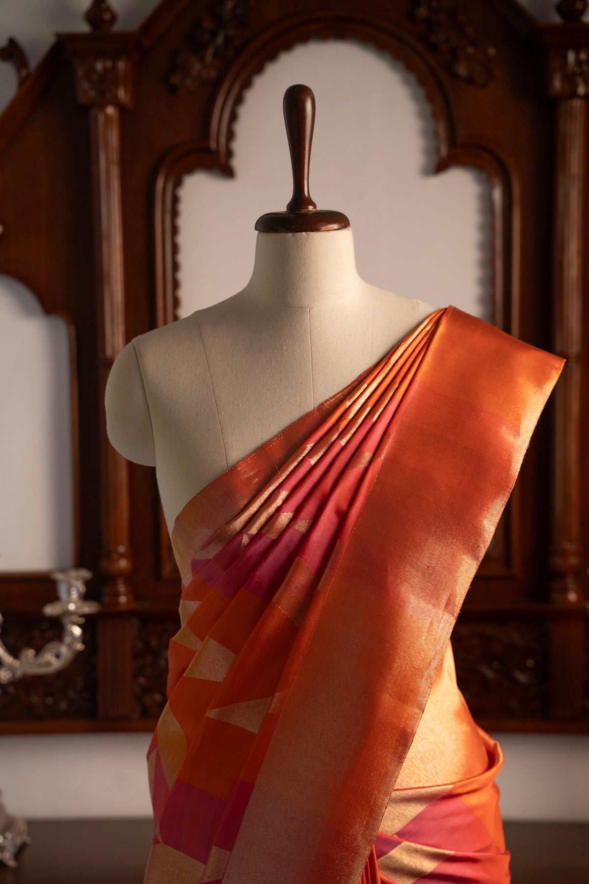 Pink & Orange multi color Kanchipuram silk saree.