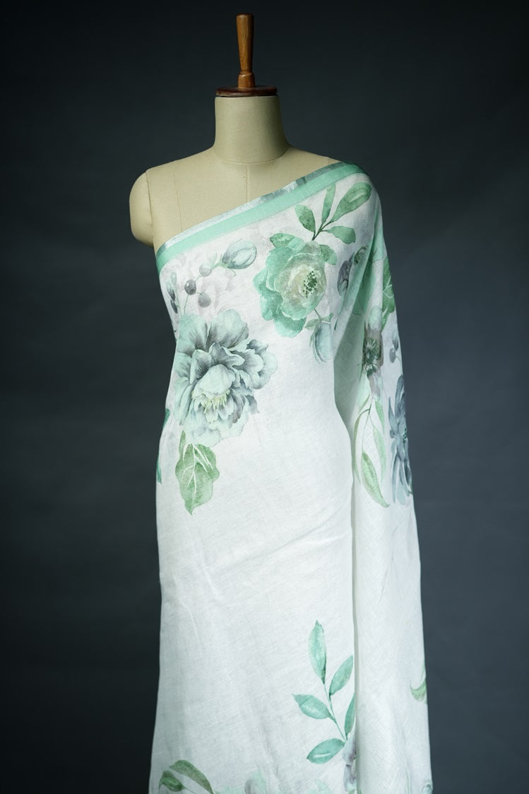 Off-white colored printed linen saree