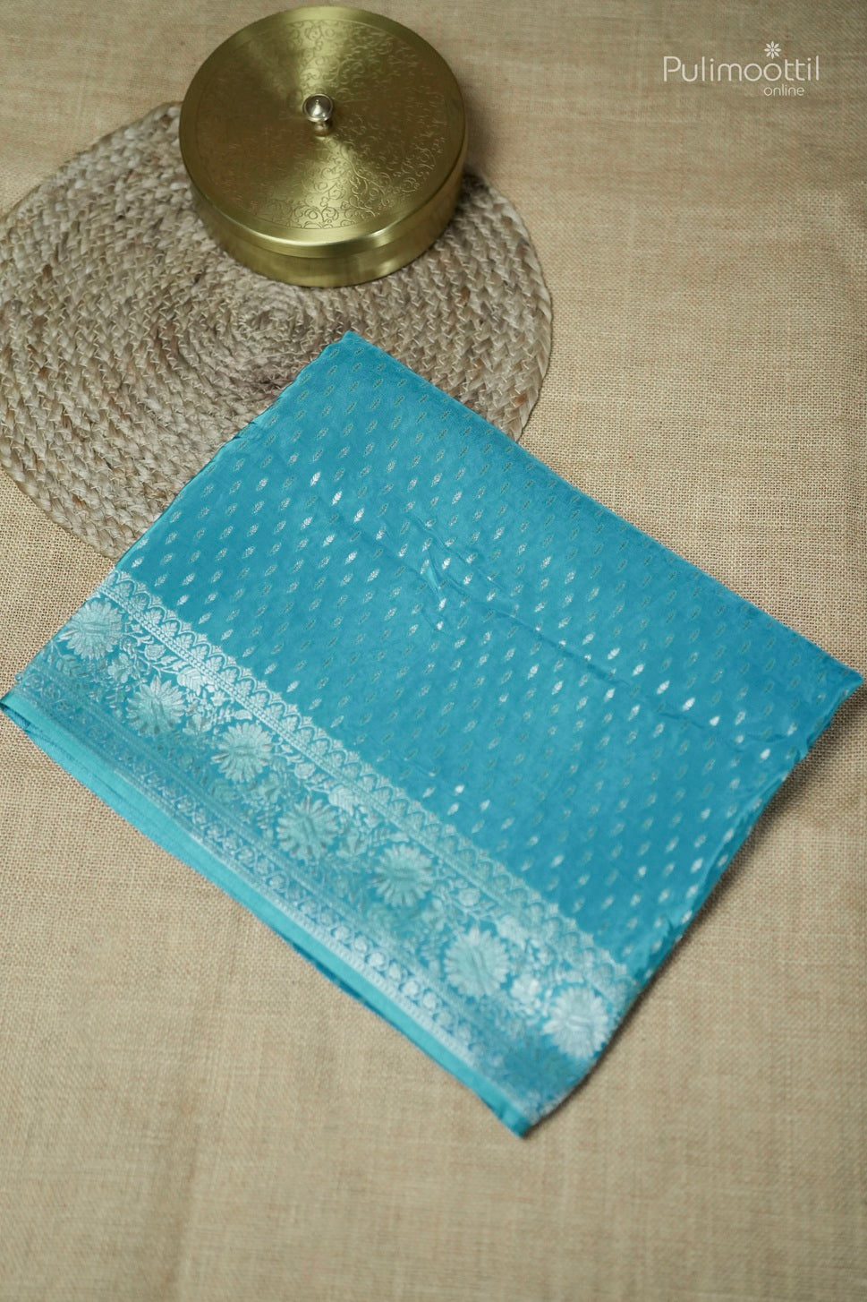 Bright sky blue color Banarasi saree