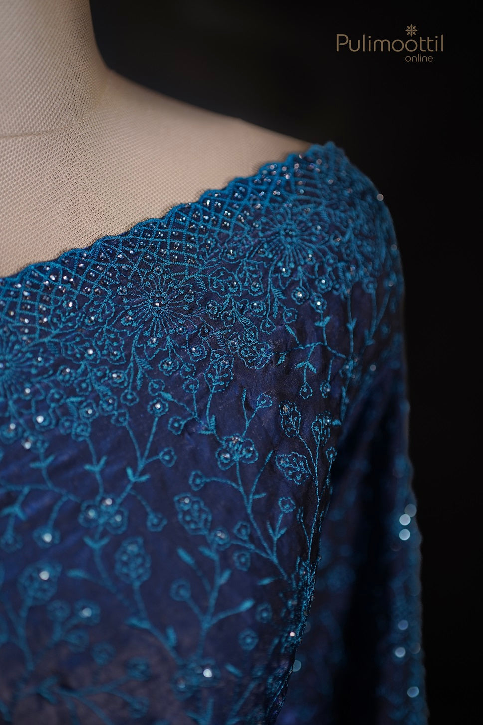 German Blue Colour Velvet Organza Embroidey Saree
