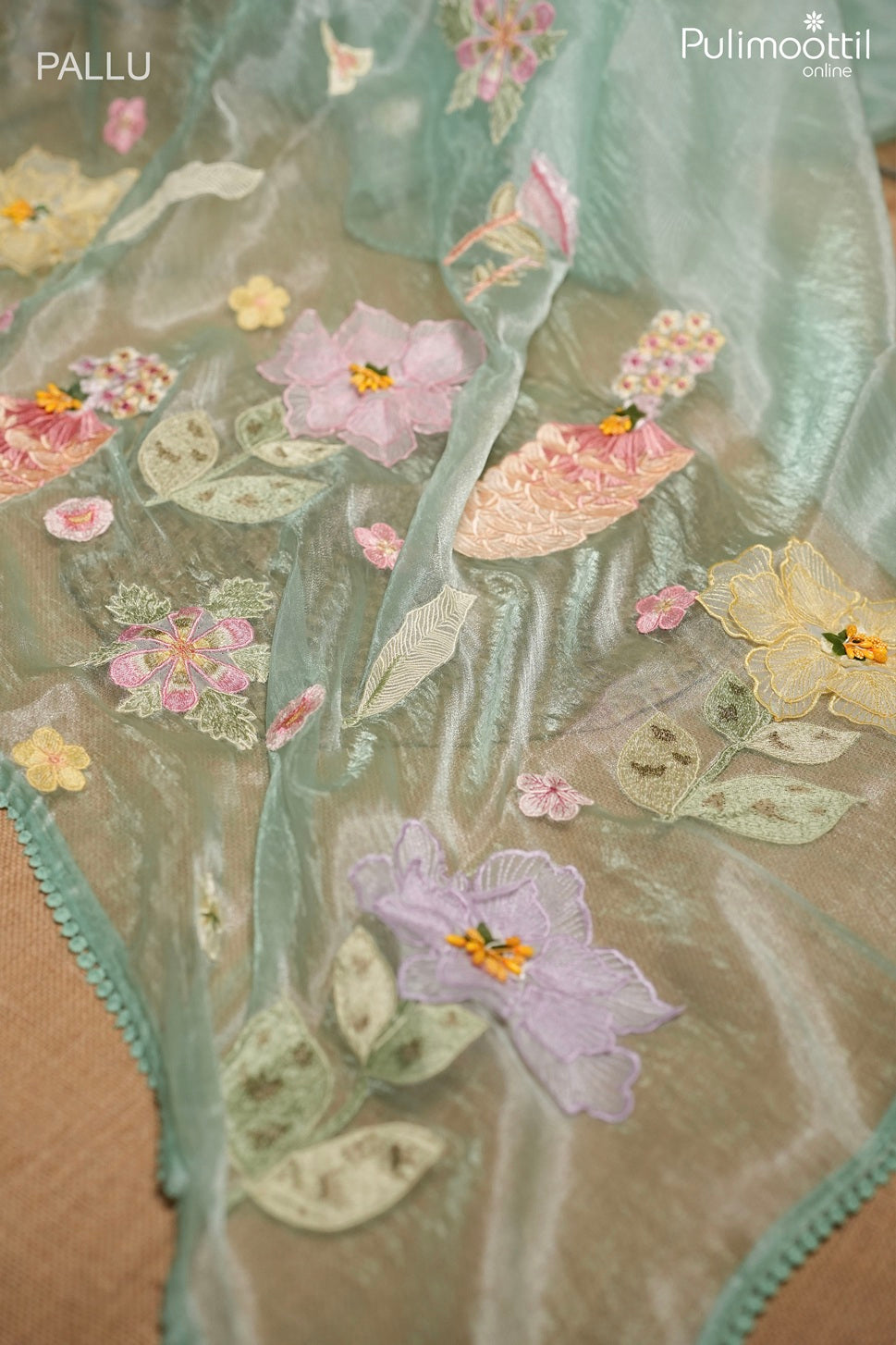 Mint blue color tissue organza fancy saree